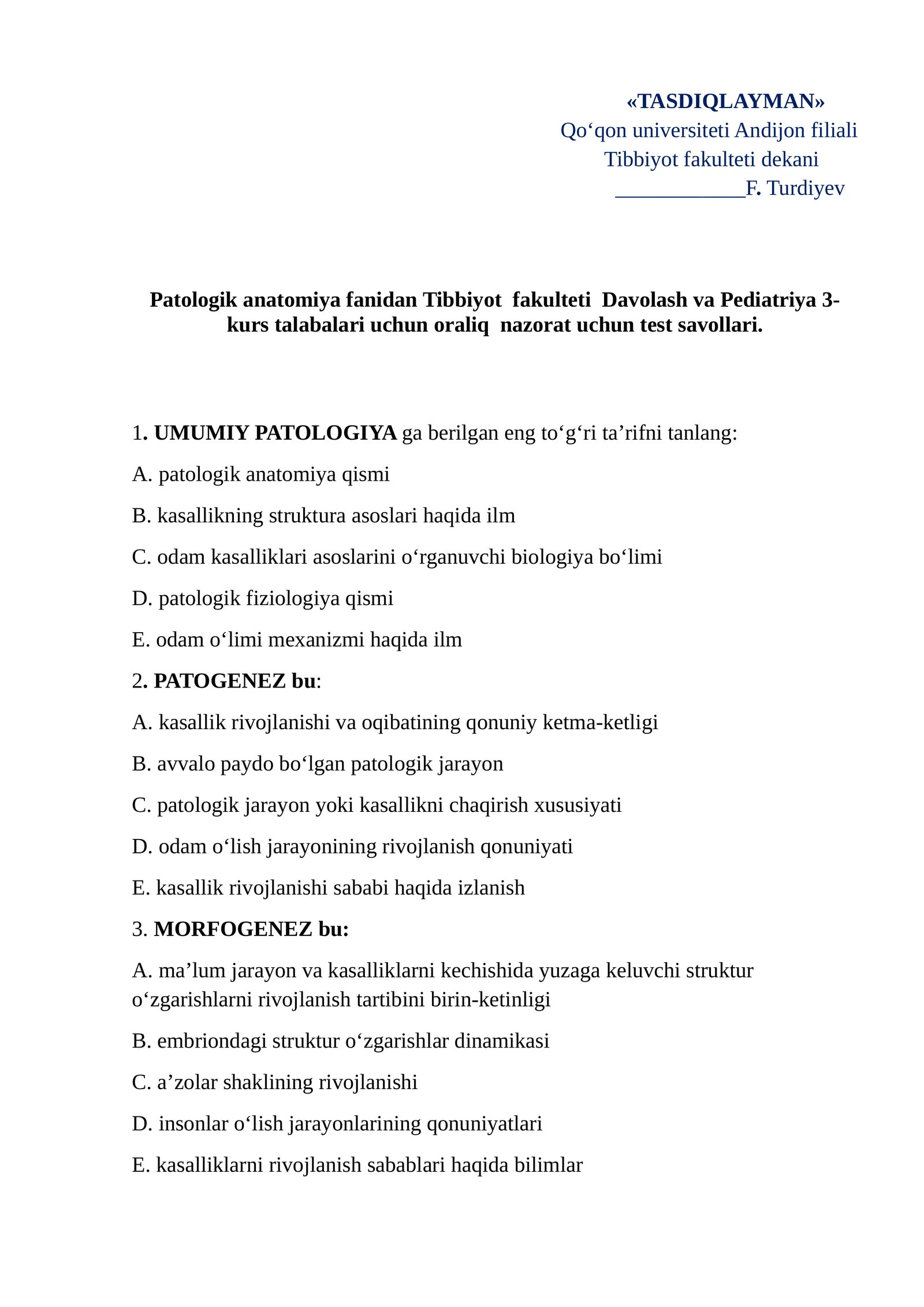 PATOLOGIK ANATOMIYA Test Savollari