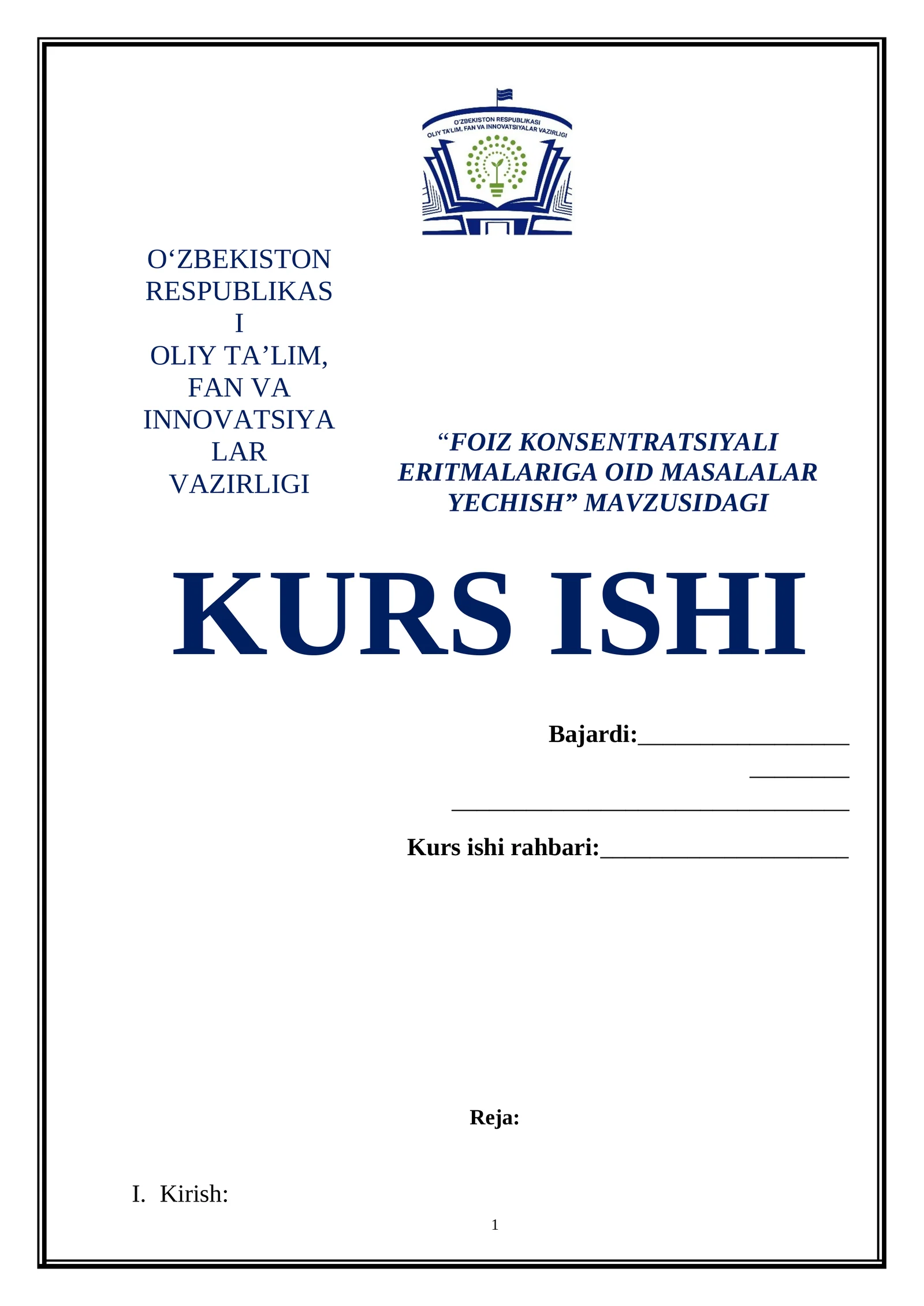FOIZ KONSENTRATSIYALI ERITMALARIGA OID MASALALAR YECHISH