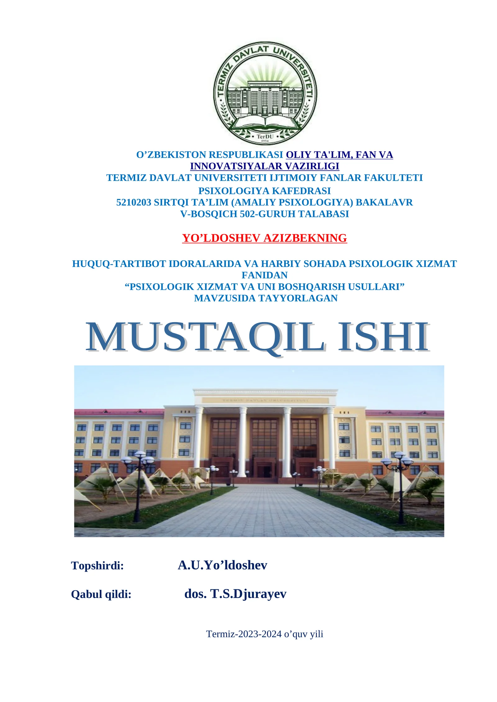 PSIXOLOGIK XIZMAT VA UNI BOSHQARISH USULLARI
