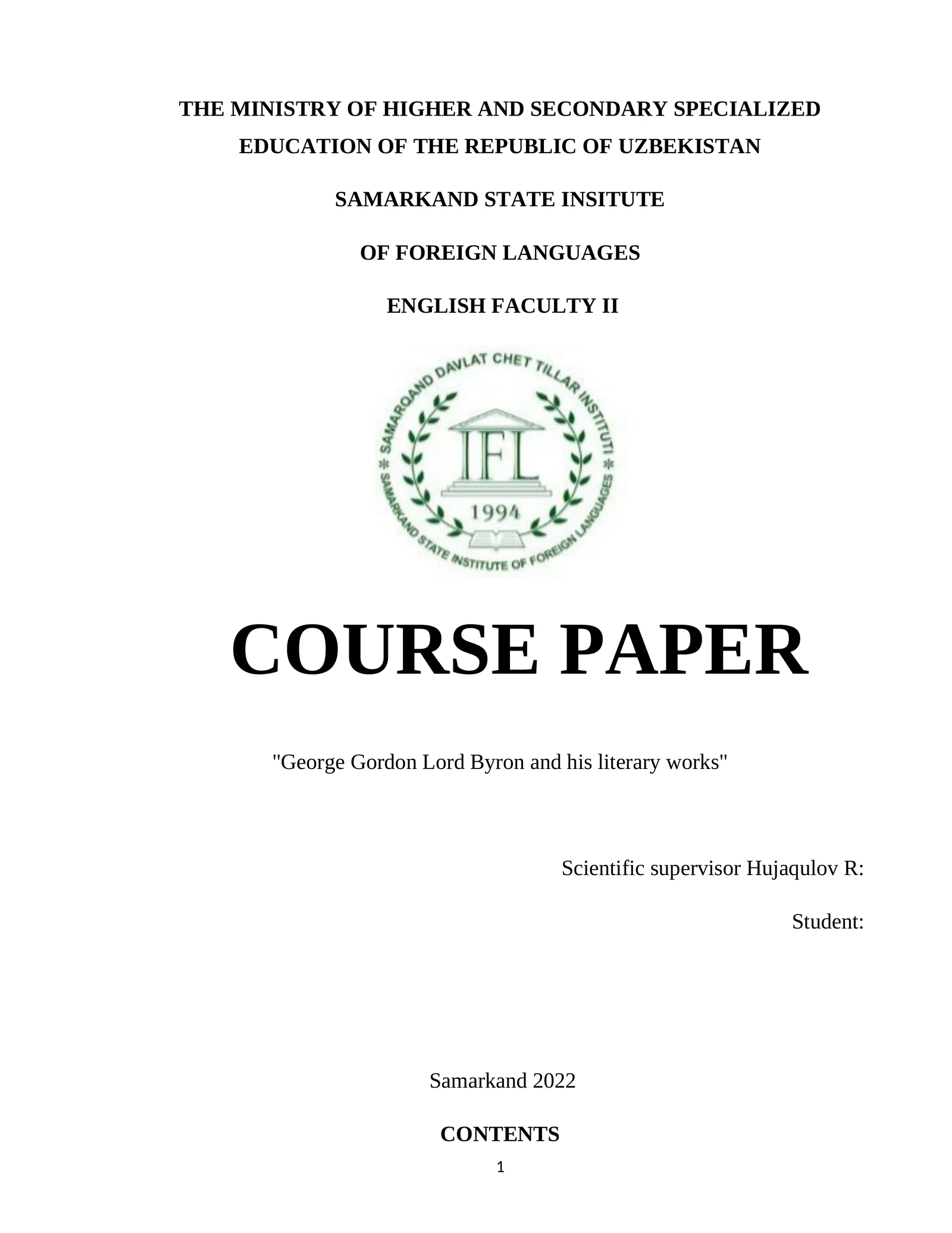 COURSE PAPER: "George Gordon Lord Byron and his literary works"