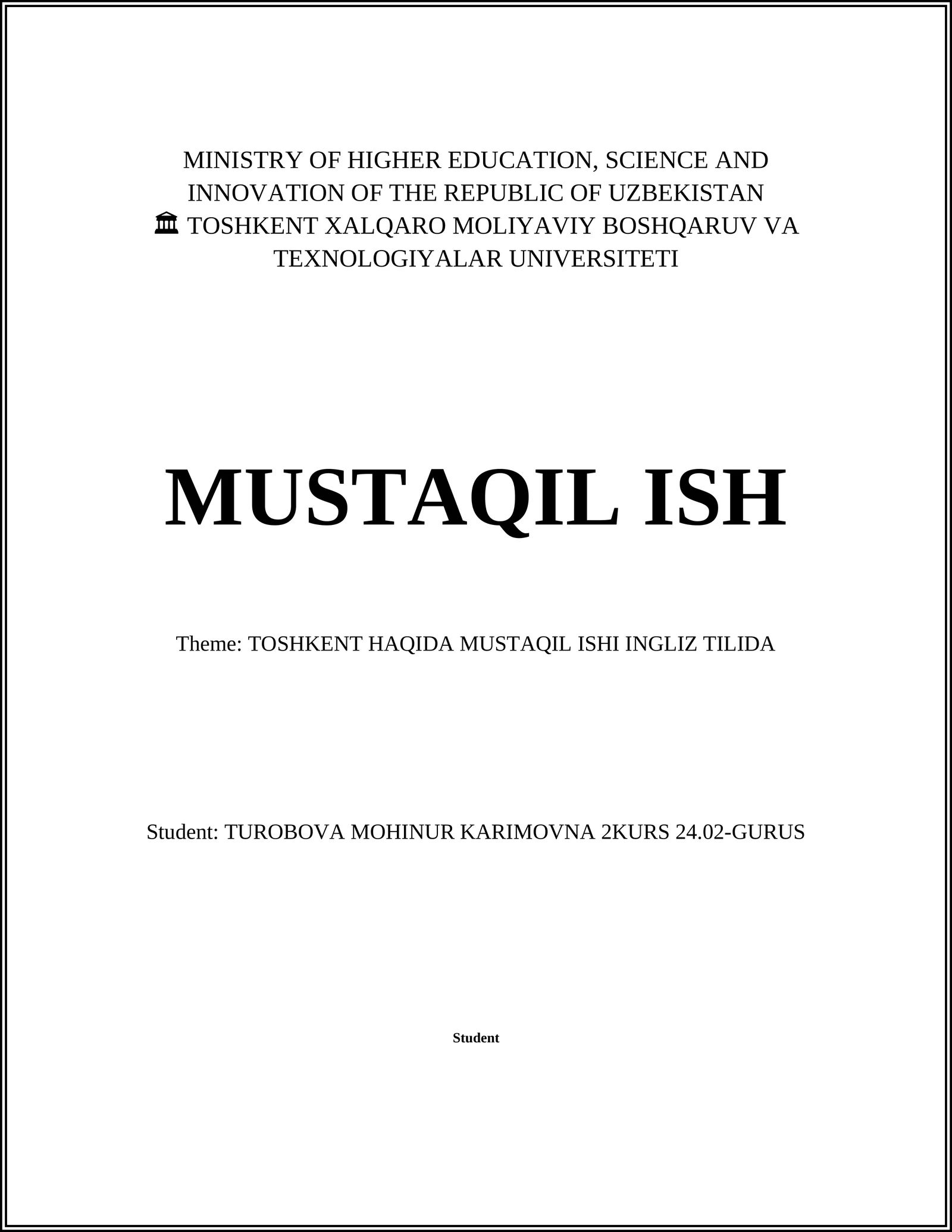 TOSHKENT HAQIDA MUSTAQIL ISHI INGLIZ TILIDA