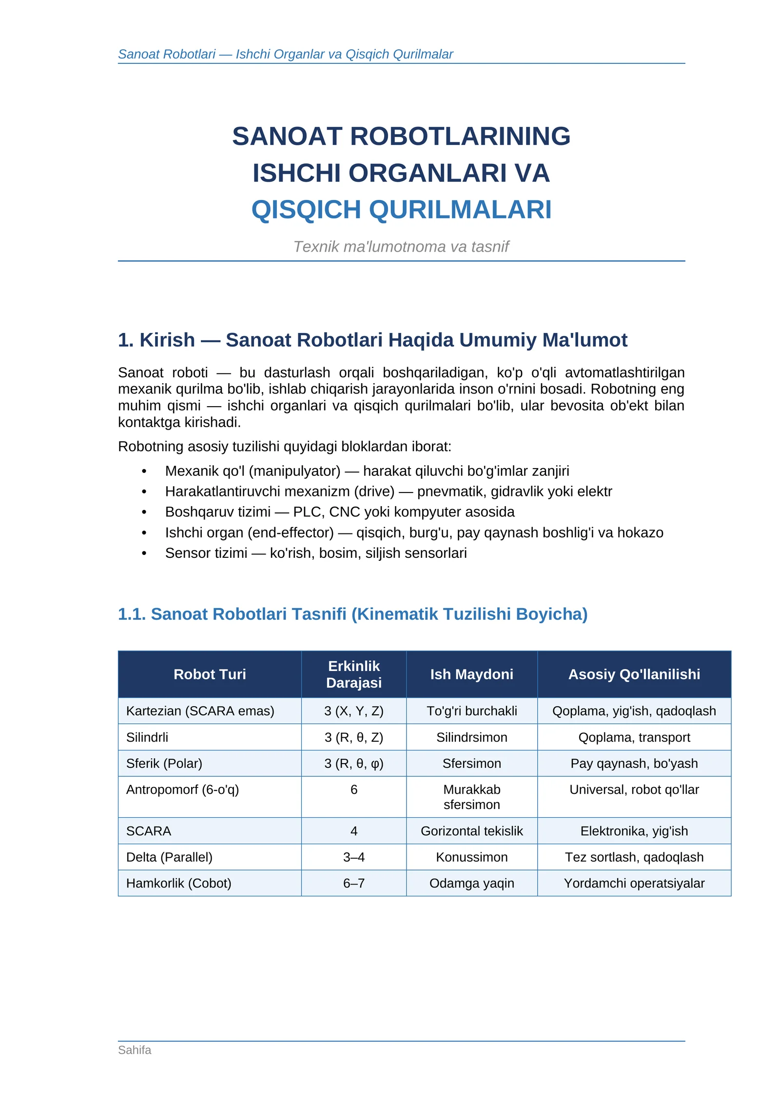 Sanoat Robotlari — Ishchi Organlar va Qisqich Qurilmalar