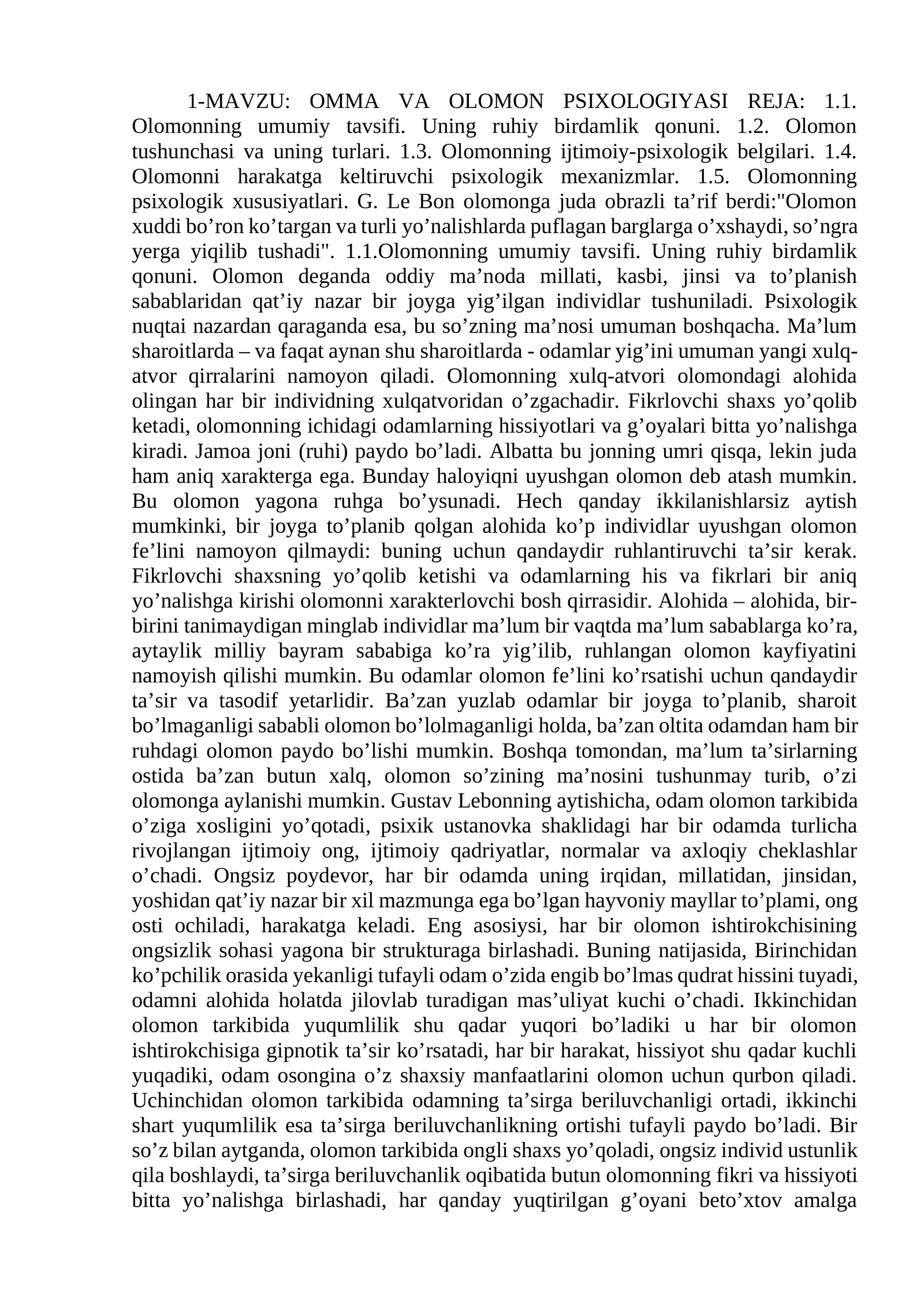 OMMA VA OLOMON PSIXOLOGIYASI