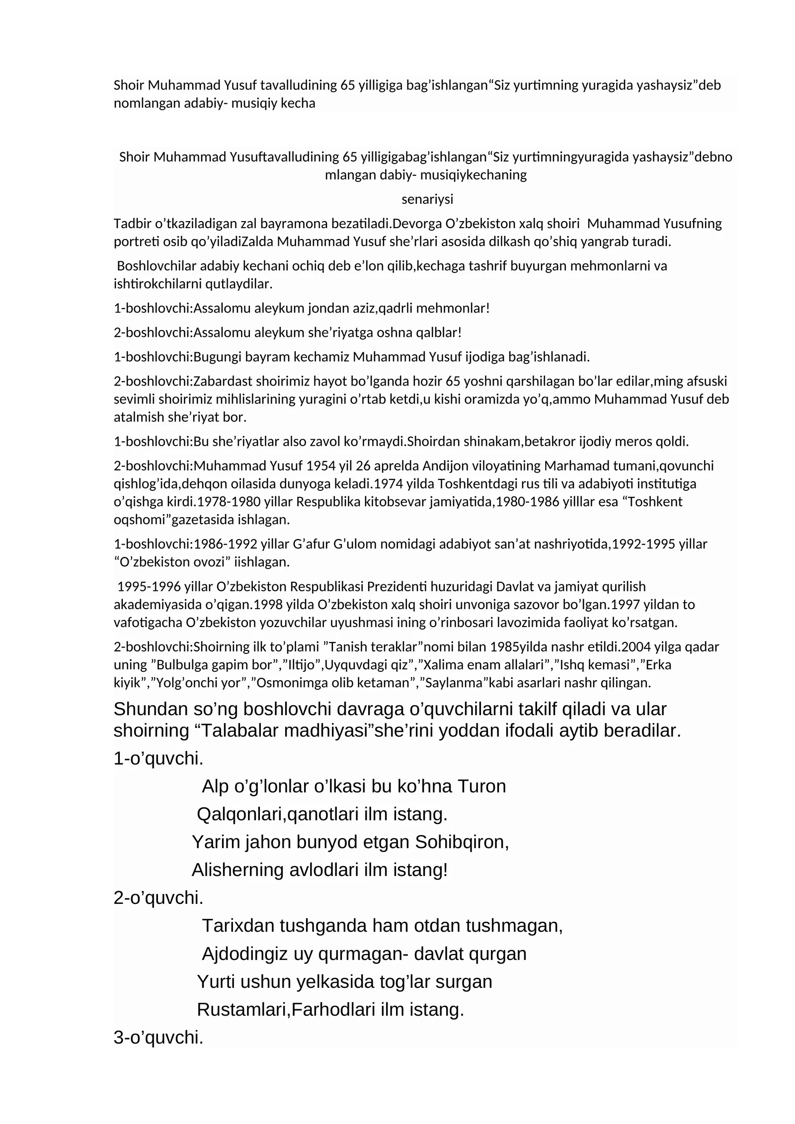 Siz yurtimning yuragida yashaysiz