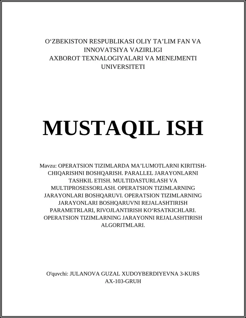 OPERATSION TIZIMLARDA MA’LUMOTLARNI KIRITISH-CHIQARISHNI BOSHQARISH