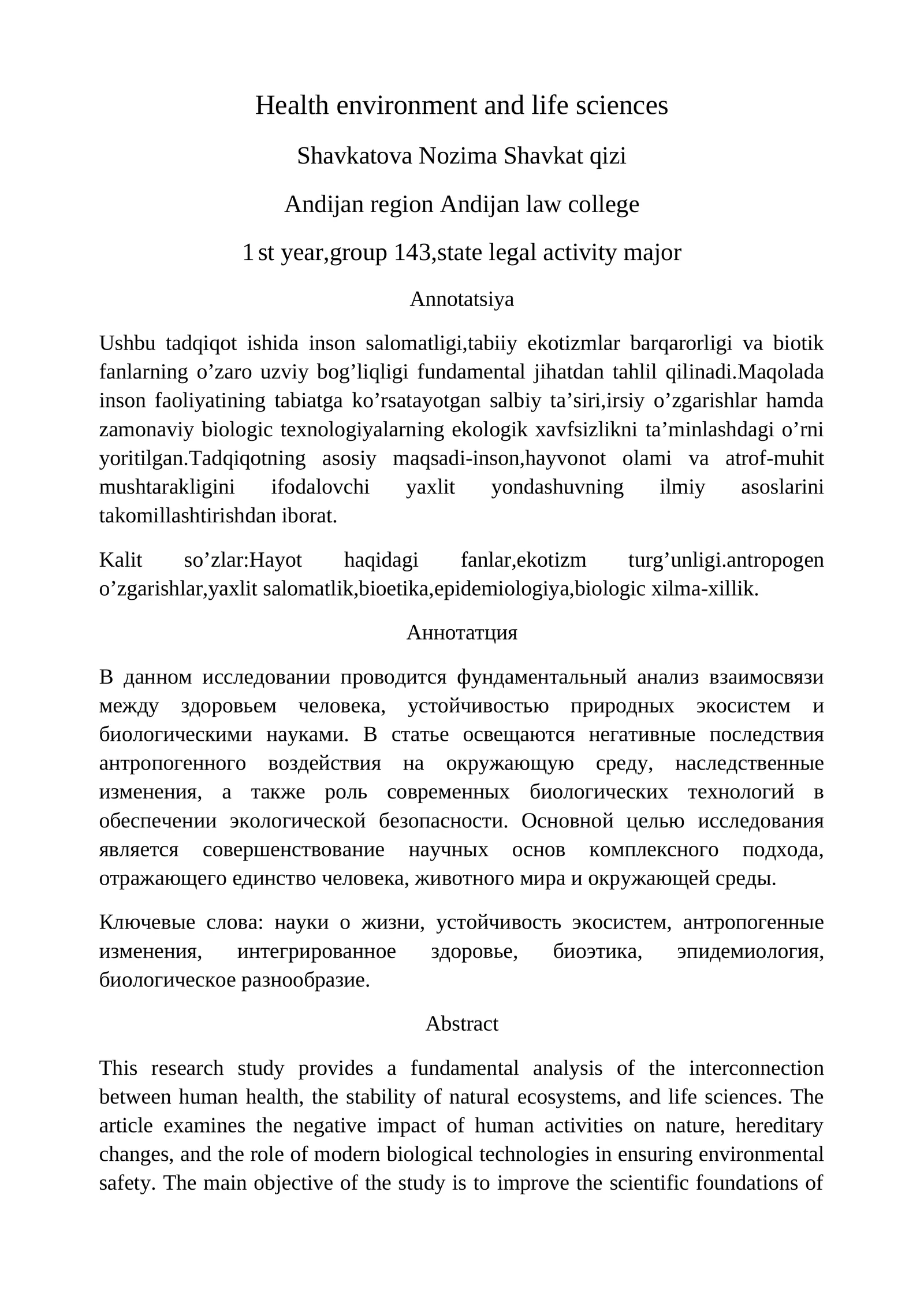 Health environment and life sciences