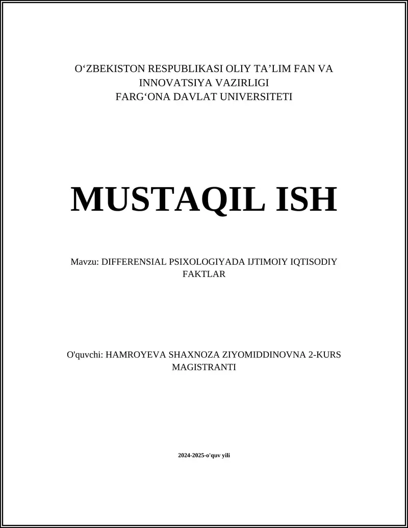 DIFFERENSIAL PSIXOLOGIYADA IJTIMOIY IQTISODIY FAKTLAR