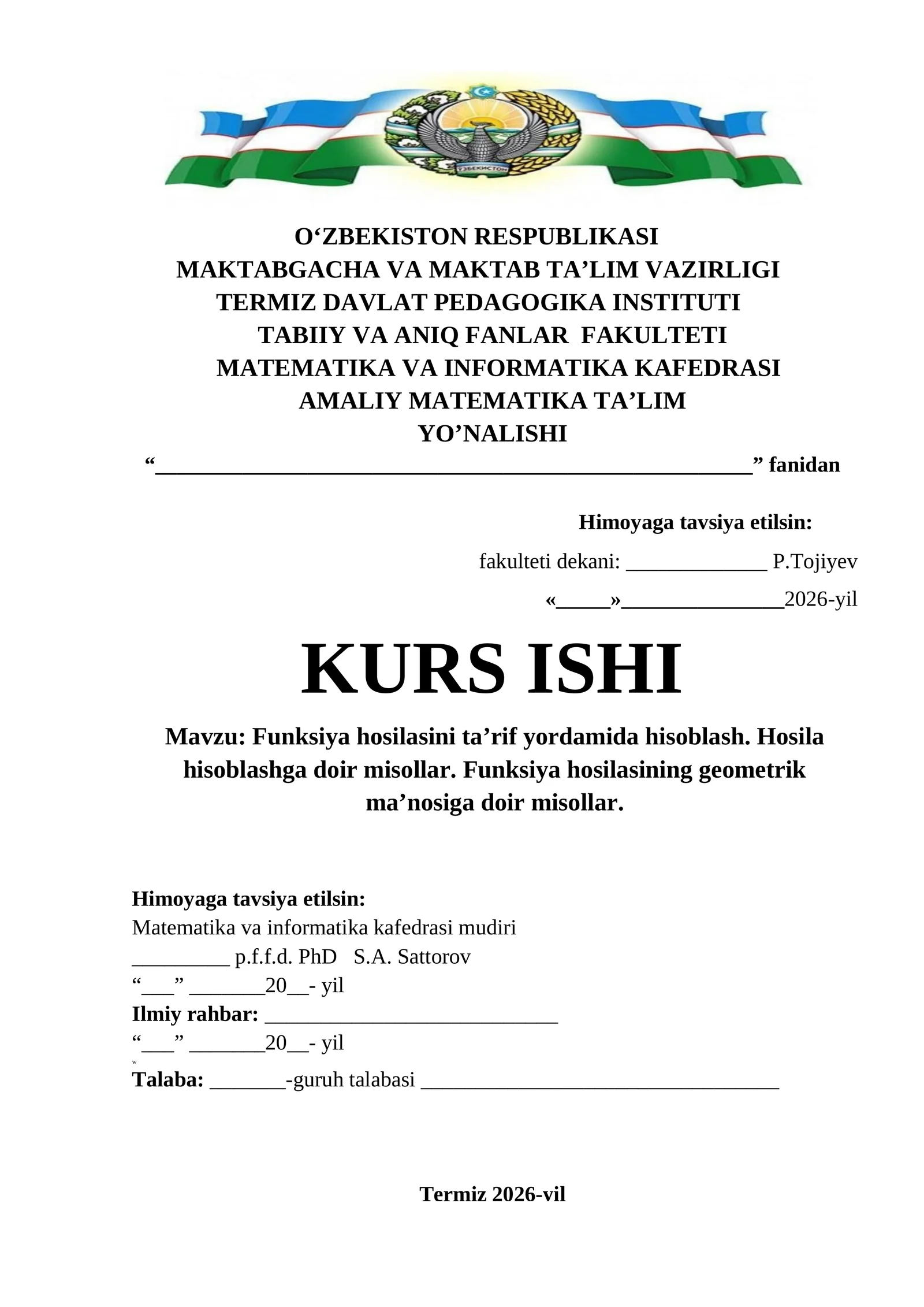 Funksiya hosilasini ta’rif yordamida hisoblash. Hosila hisoblashga doir misollar. Funksiya hosilasining geometrik ma’nosiga doir misollar.