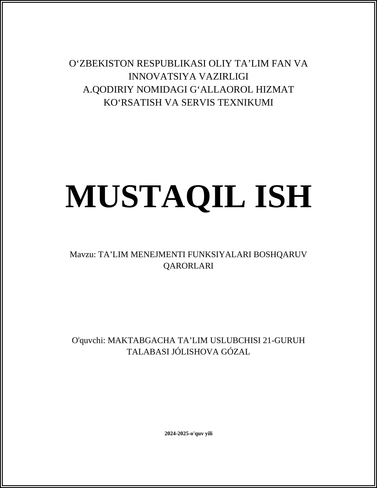TAʼLIM MENEJMENTI FUNKSIYALARI BOSHQARUV QARORLARI