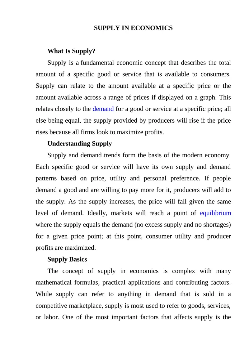 Supply in Economics