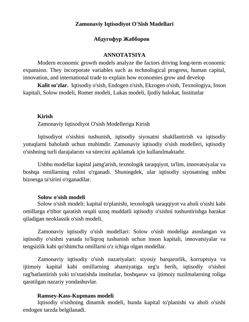 Zamonaviy Iqtisodiyot O'Sish Madellari