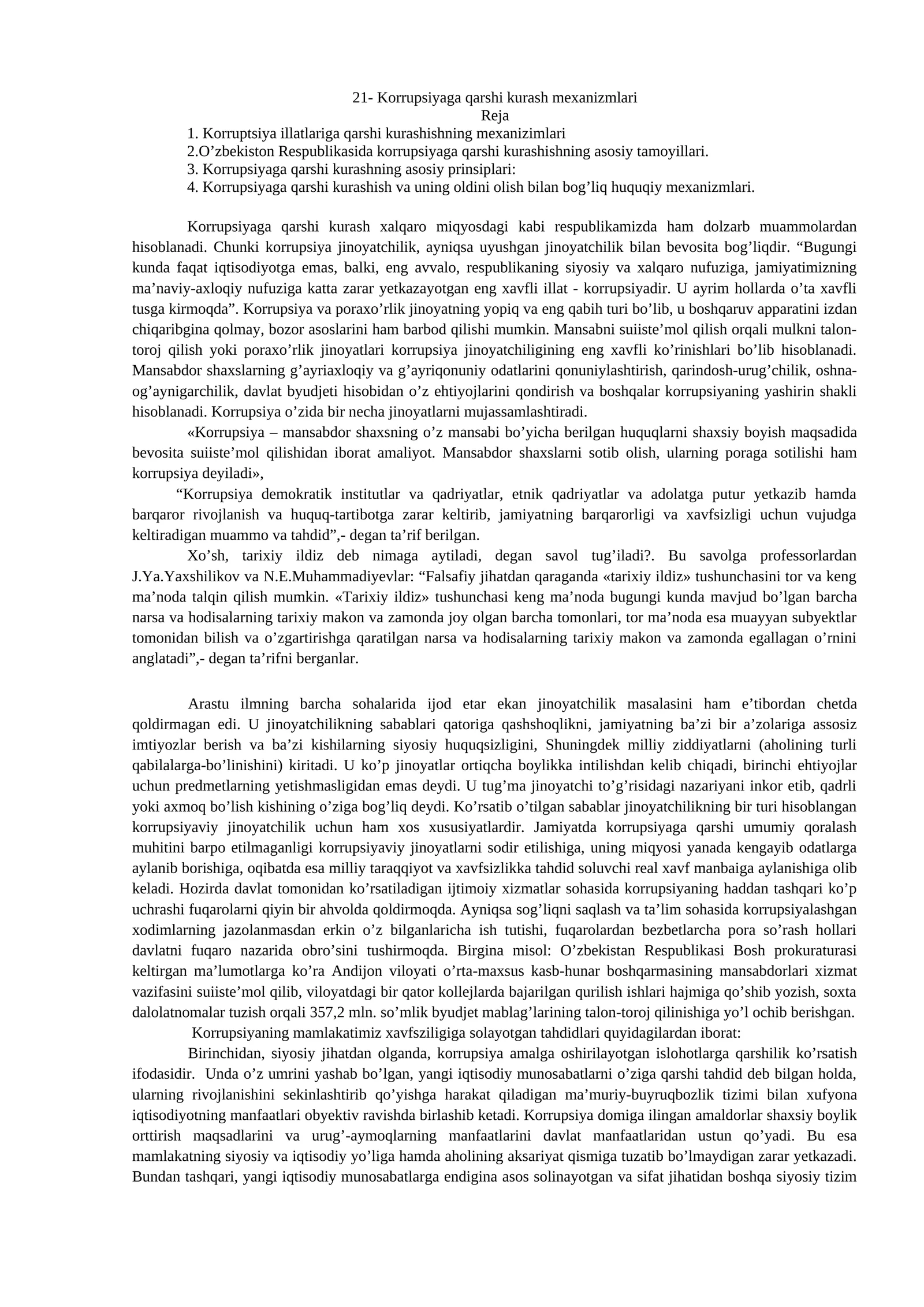 Korrupsiyaga qarshi kurash mexanizmlari