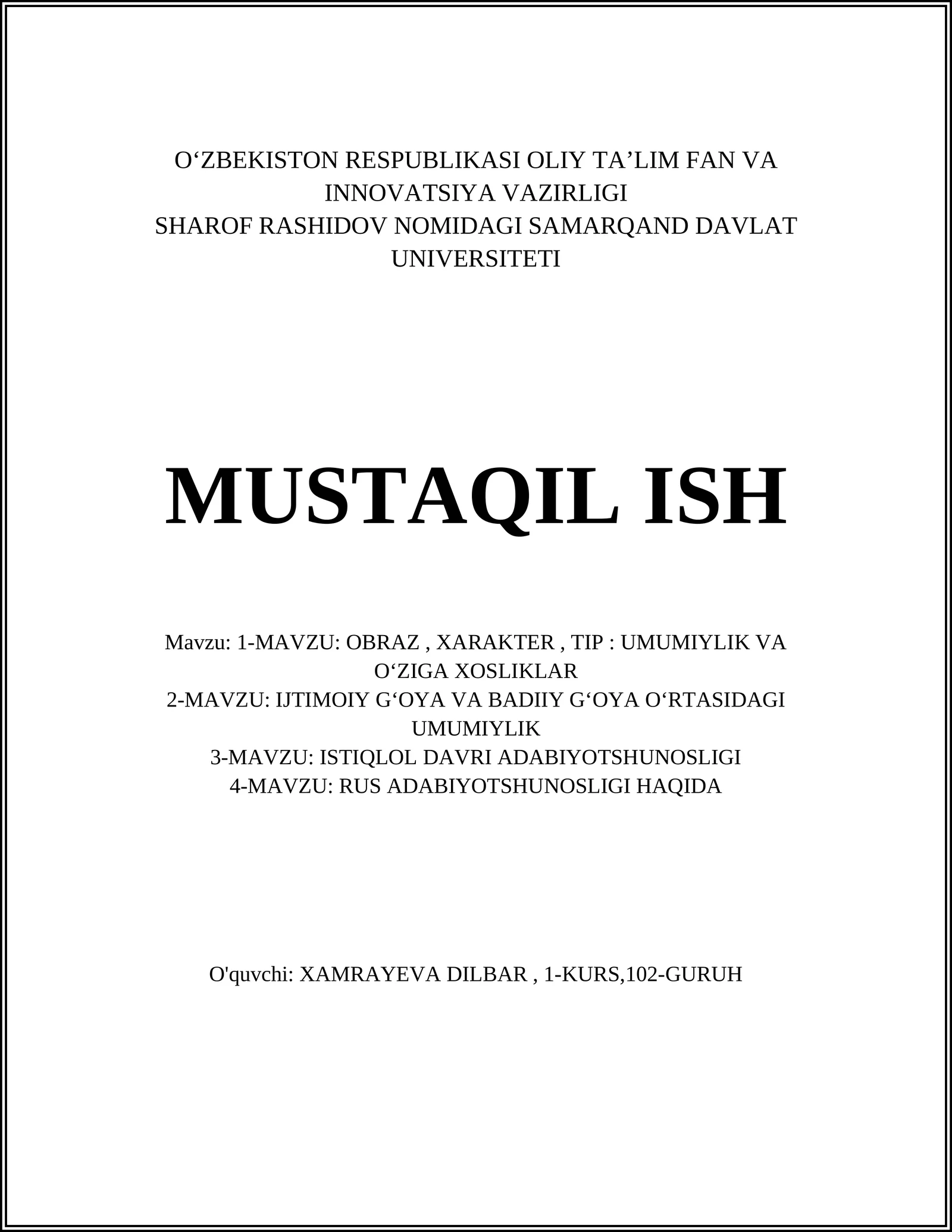 Obraz va xarakter tushunchalari: umumiy asoslar
