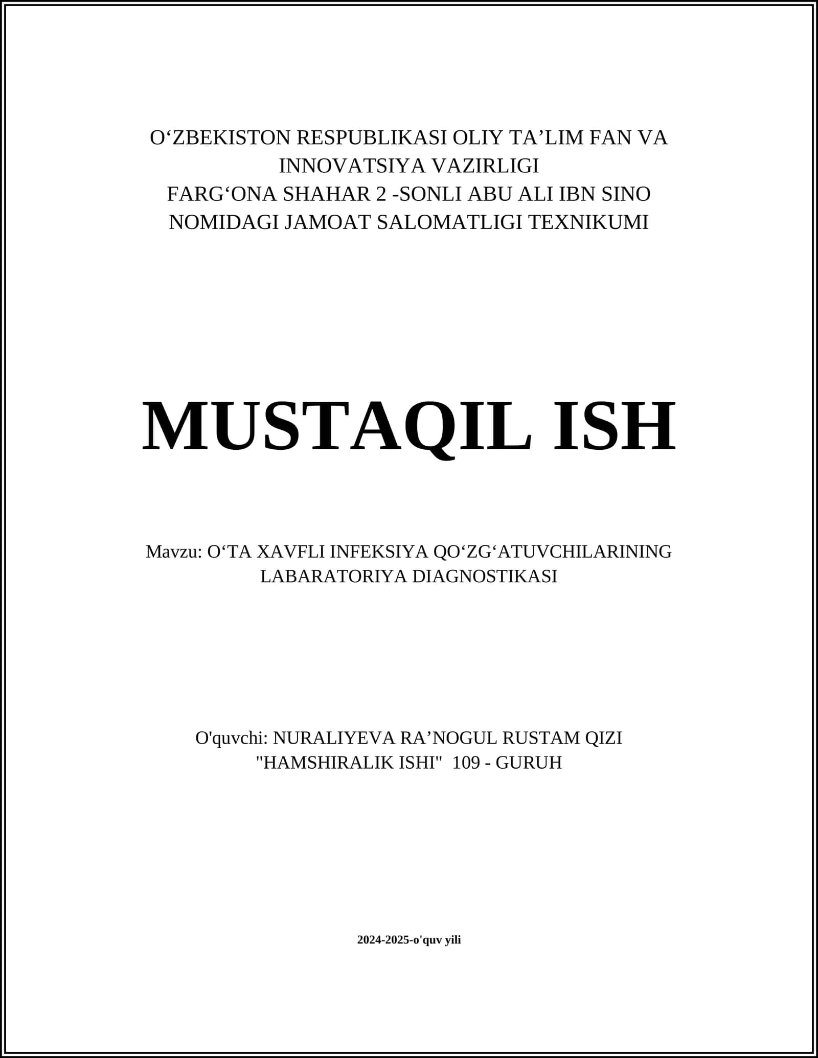 OʻTA XAVFLI INFEKSIYA QOʻZGʻATUVCHILARINING LABARATORIYA DIAGNOSTIKASI
