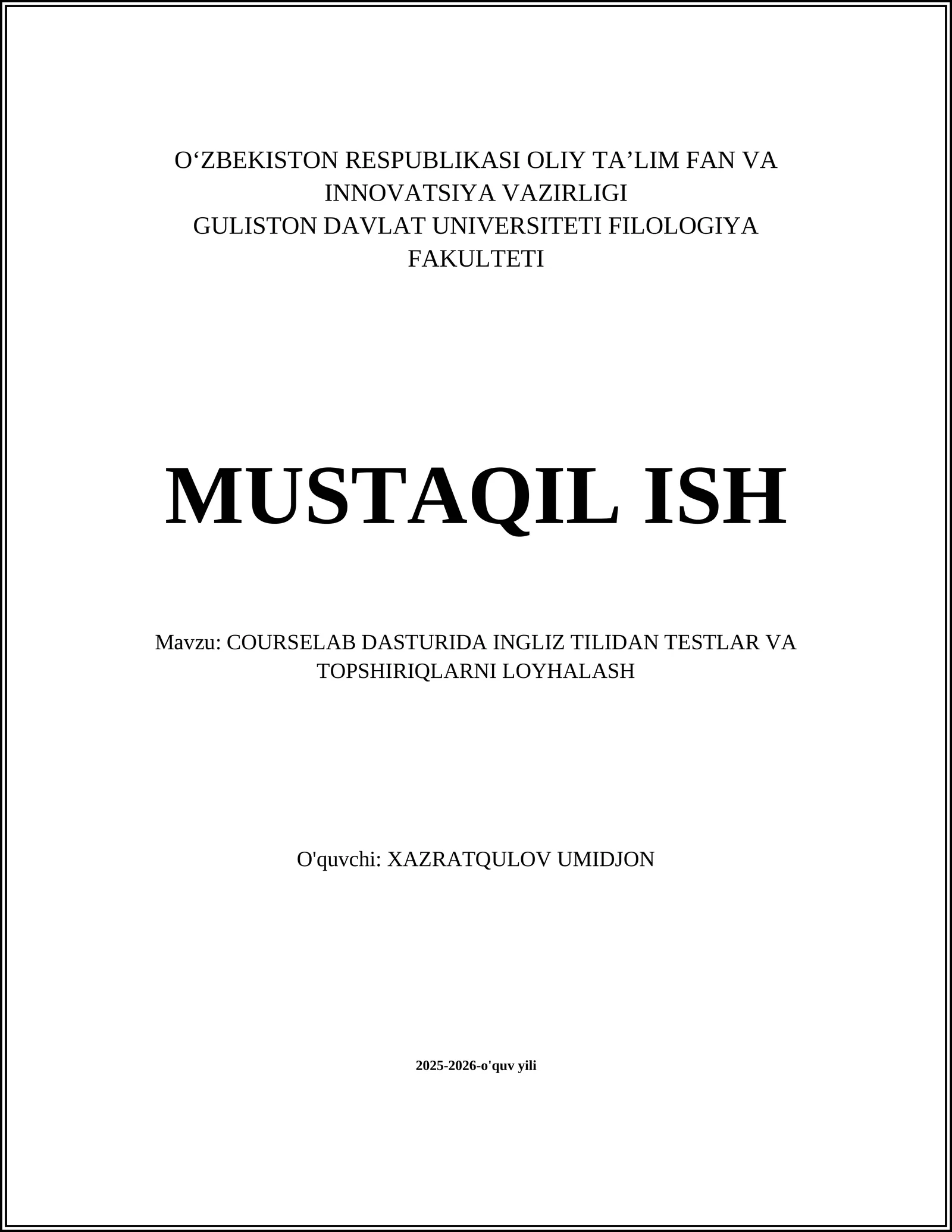 CourseLab dasturida Ingliz tilidan testlar va topshiriqalarni loyhalash