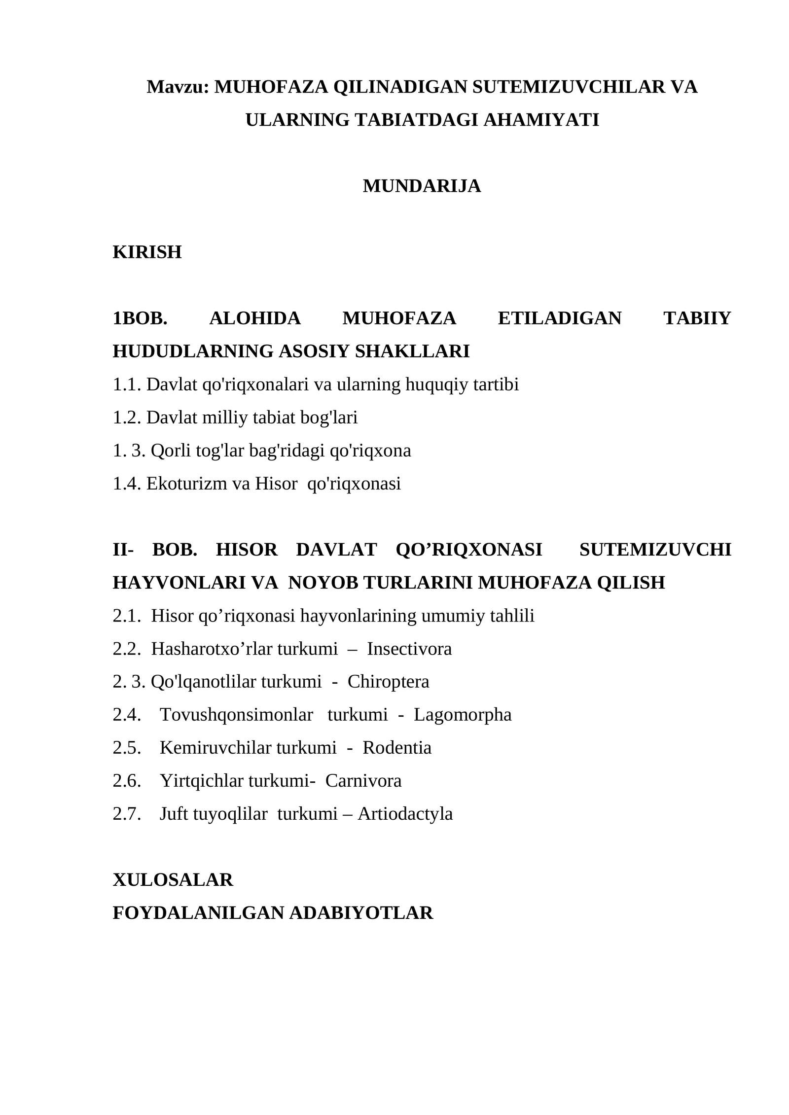 MUHOFAZA QILINADIGAN SUTEMIZUVCHILAR VA ULARNING TABIATDAGI AHAMIYATI
