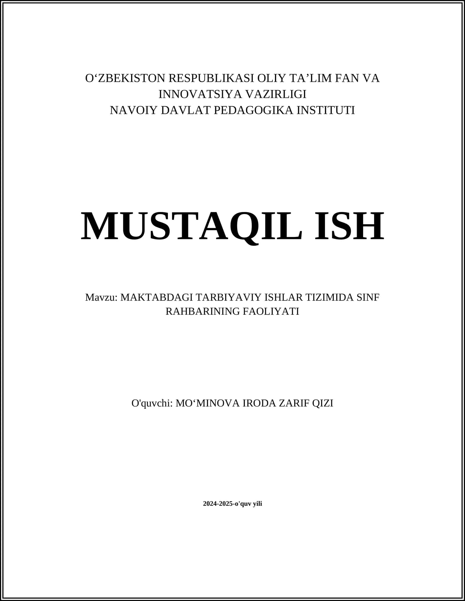 Sinf rahbarining tarbiyaviy ishlar rejasini tuzishi