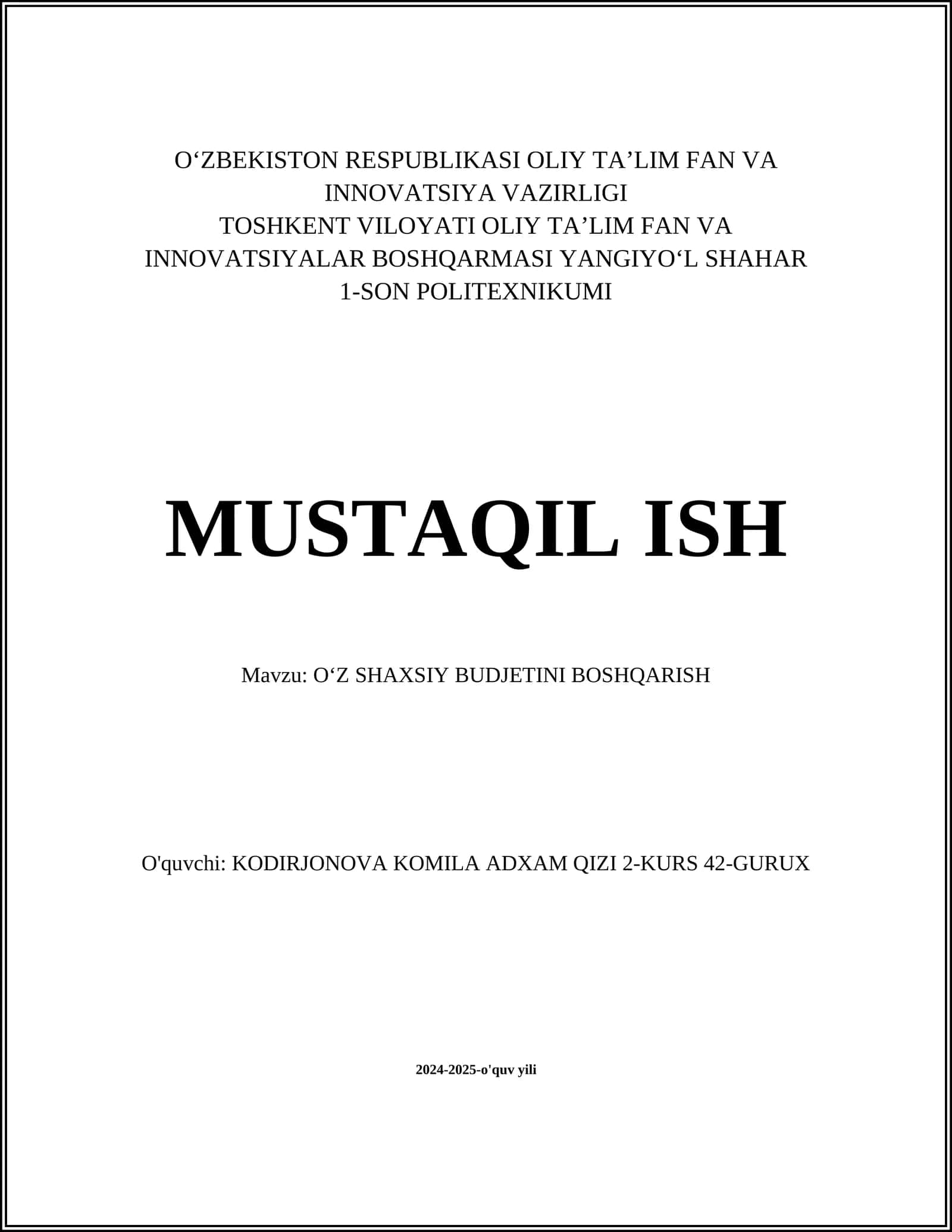 OʻZ SHAXSIY BUDJETINI BOSHQARISH