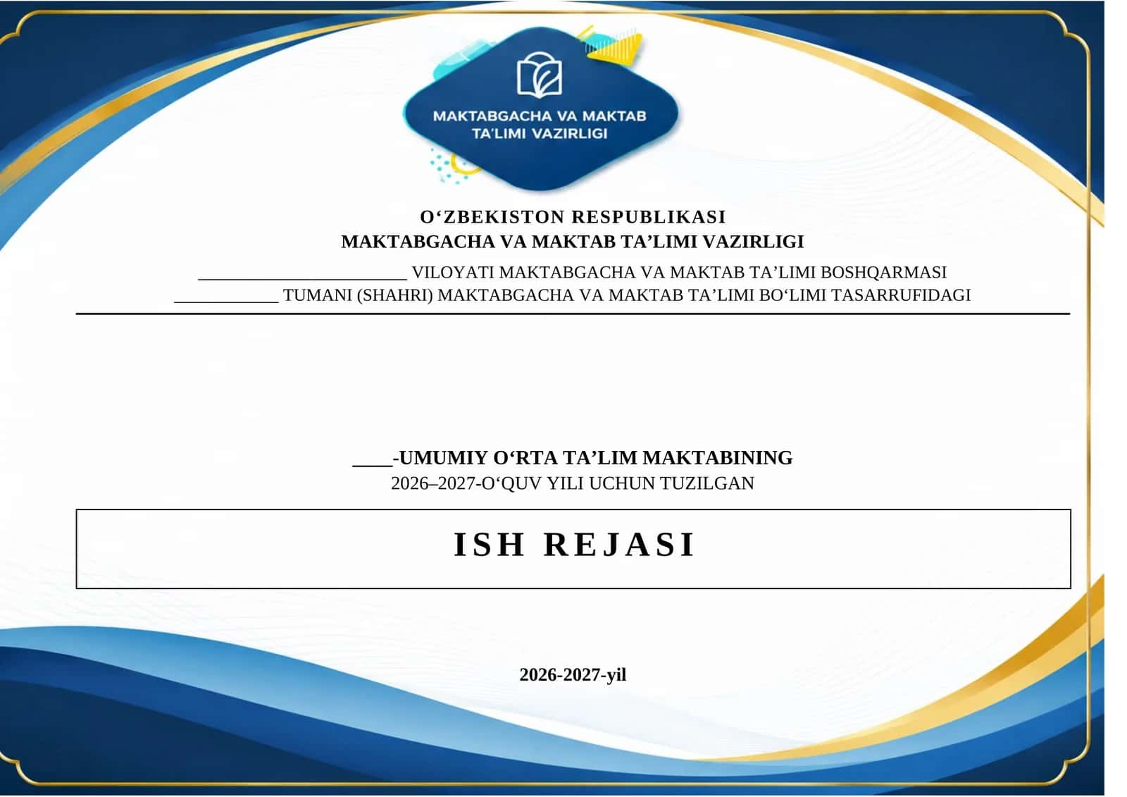 MAKTAB ISH REJASI 2026-2027 O'QUV YILI