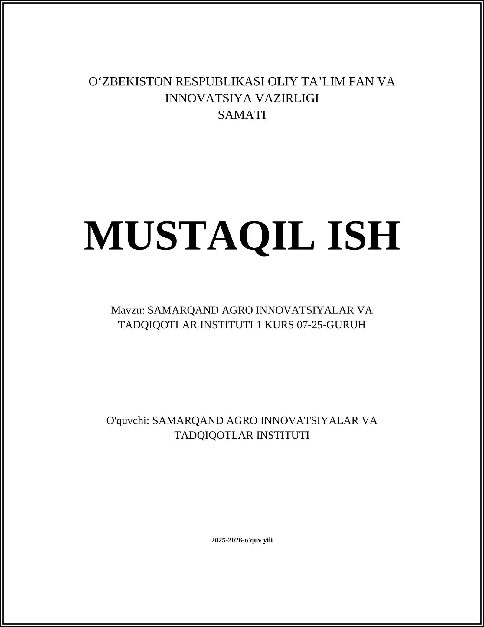 SAMARQAND AGRO INNOVATSIYALAR VA TADQIQOTLAR INSTITUTI