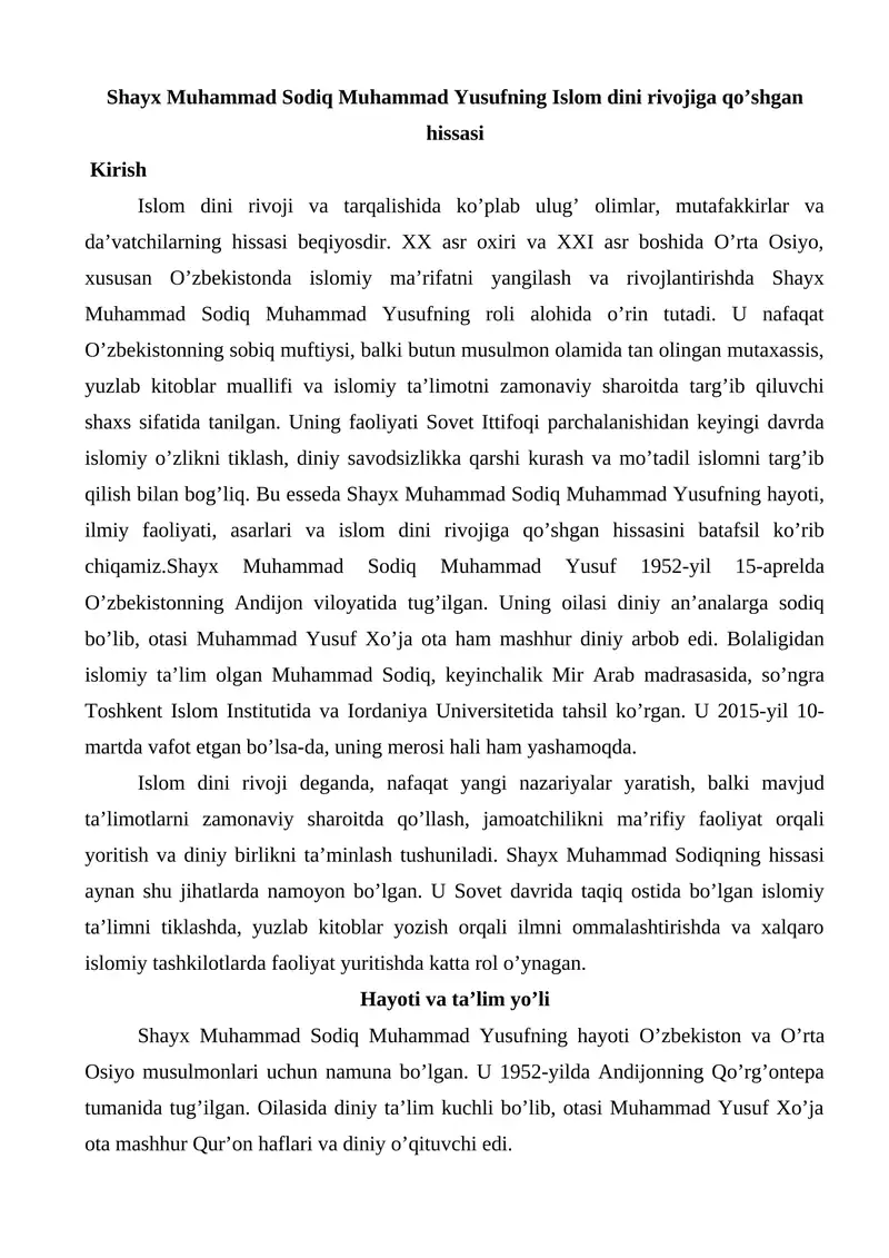 Shayx Muhammad Sodiq Muhammad Yusufning Islom dini rivojiga qo’shgan hissasi