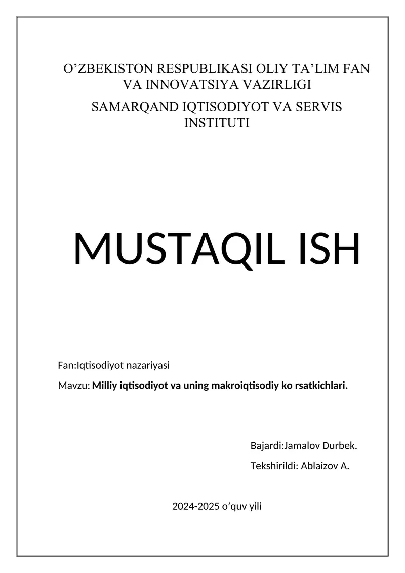 Milliy iqtisodiyot va uning makroiqtisodiy ko rsatkichlari