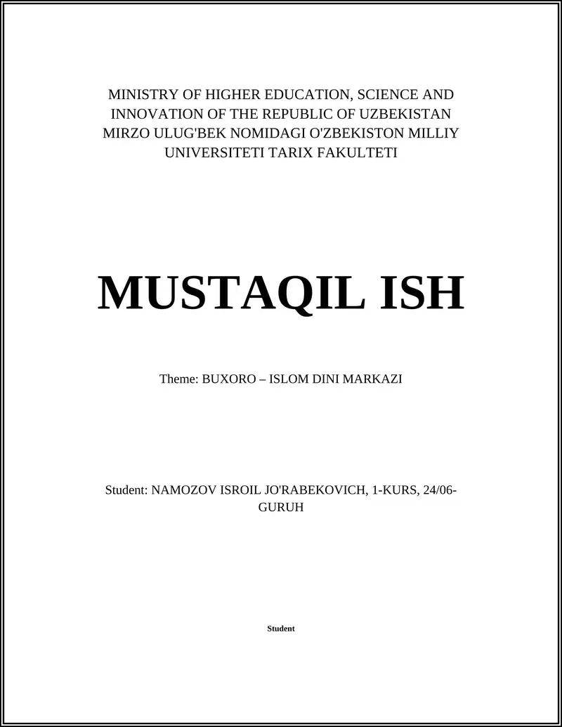 Mavzu: Buxoro – Islom Dini Markazi