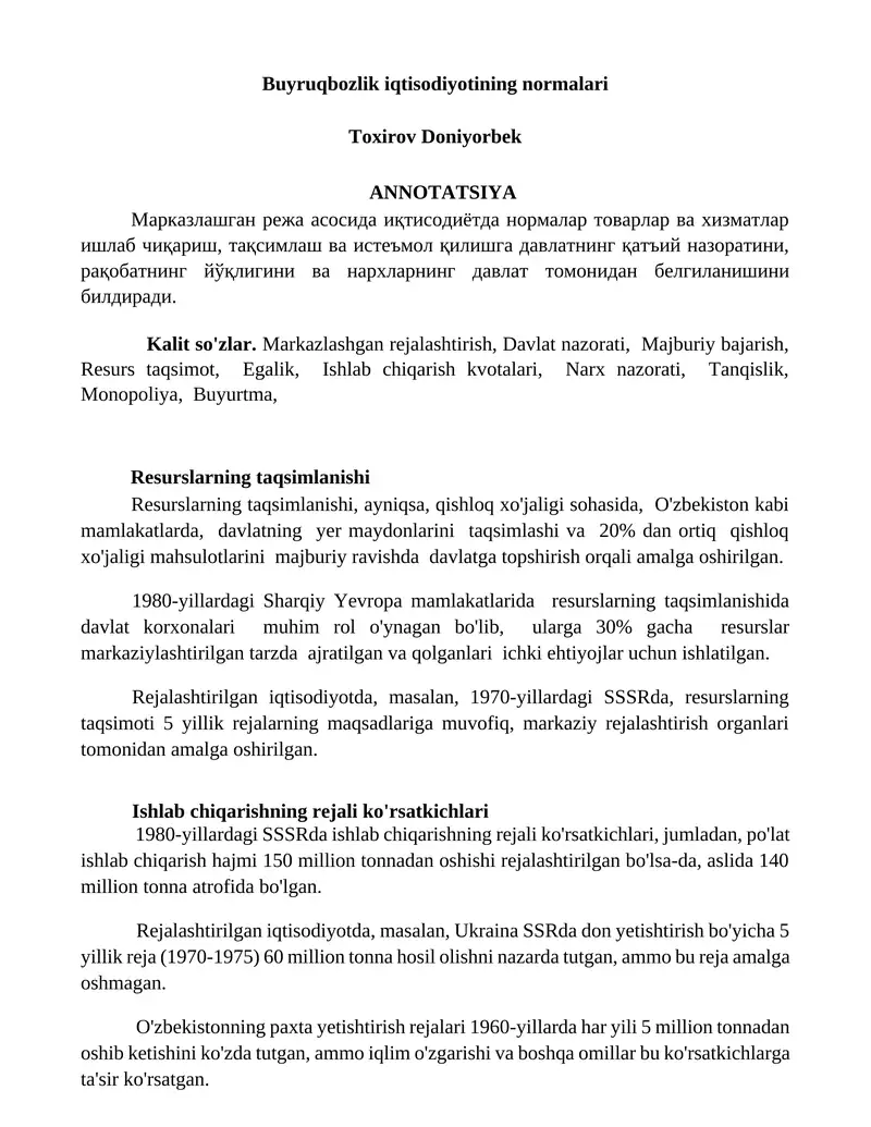 Buyruqbozlik iqtisodiyotining normalari