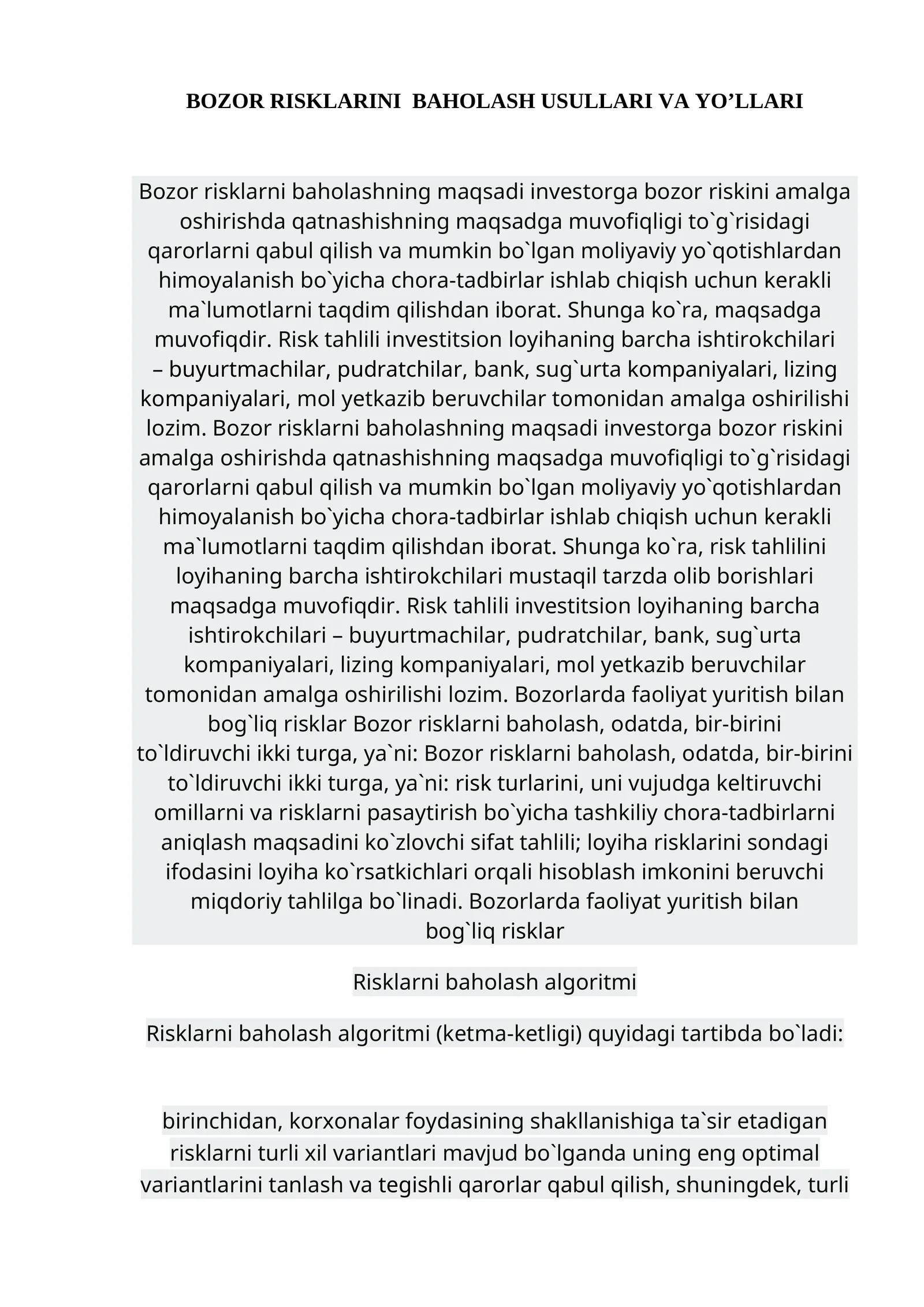 Bozor risklarni baholash usullari va yo'llari