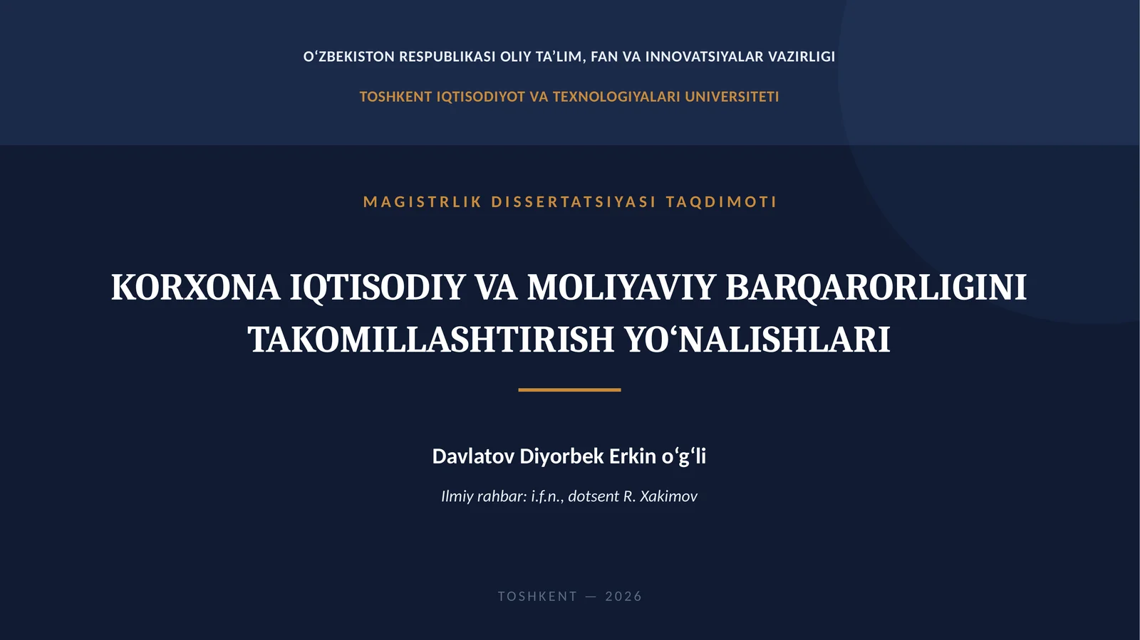 MAGISTRLIK DISSERTATSIYASI TAQDIMOTI