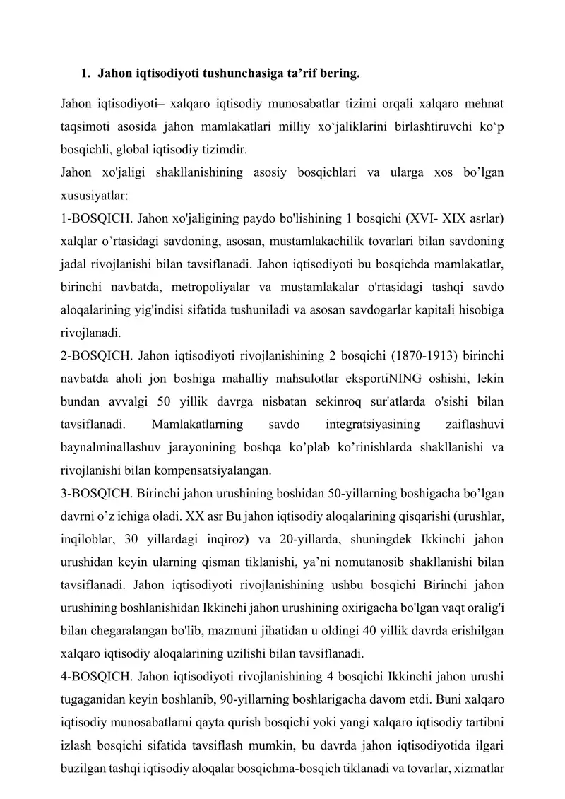 Jahon iqtisodiyoti fanidan savollar toʻplami.