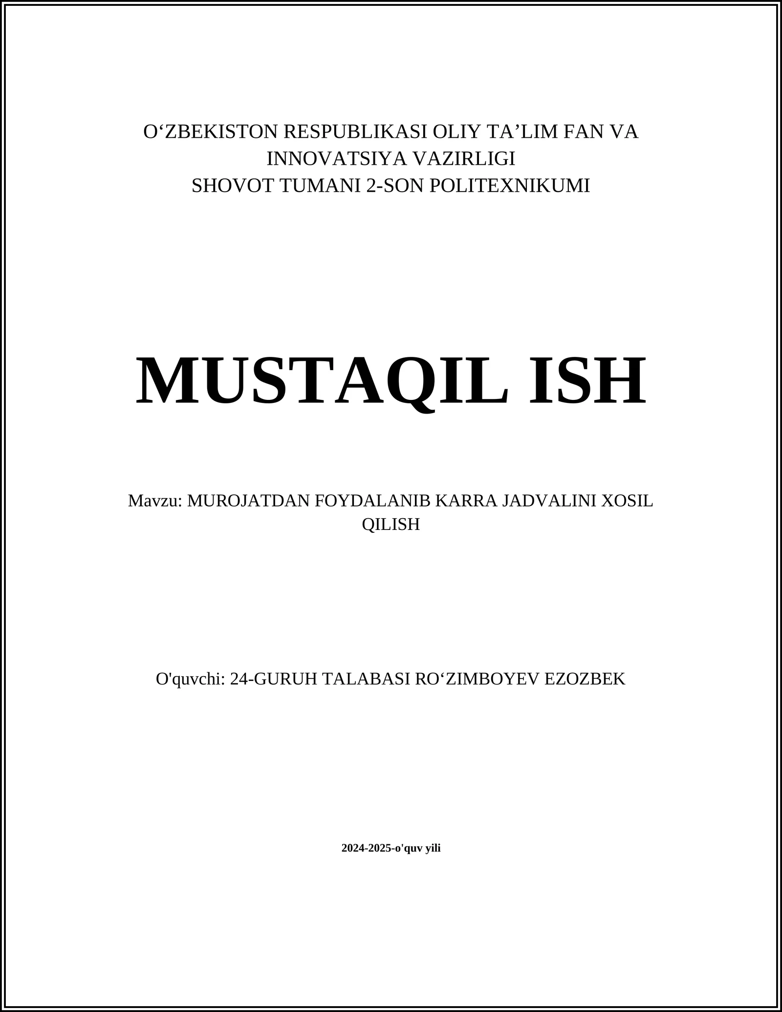 Karra jadvali (multiplikatsion jadval)
