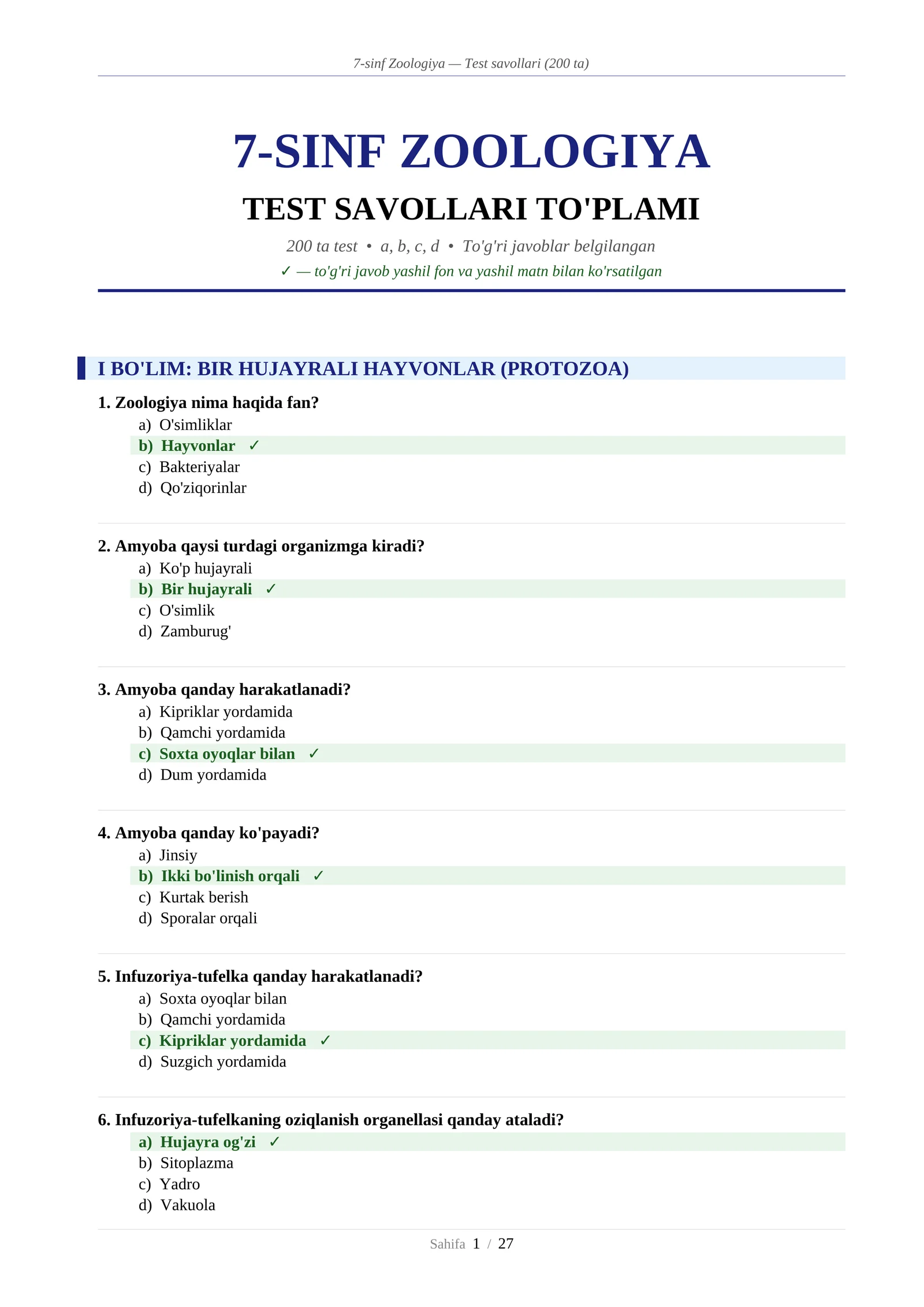 7-sinf Zoologiya — Test savollari (200 ta)