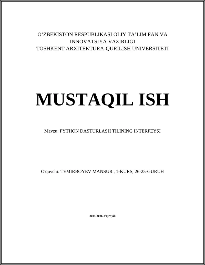 PYTHON DASTURLASH TILINING INTERFEYSI