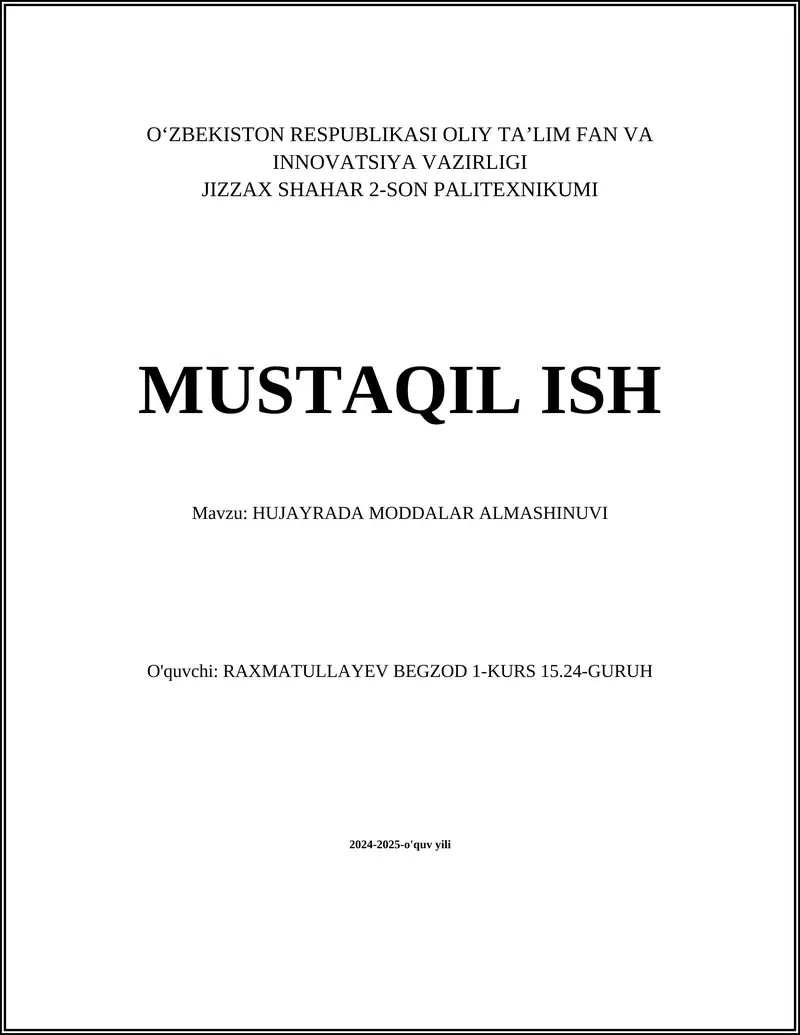 HUJAYRADA MODDALAR ALMASHINUVI