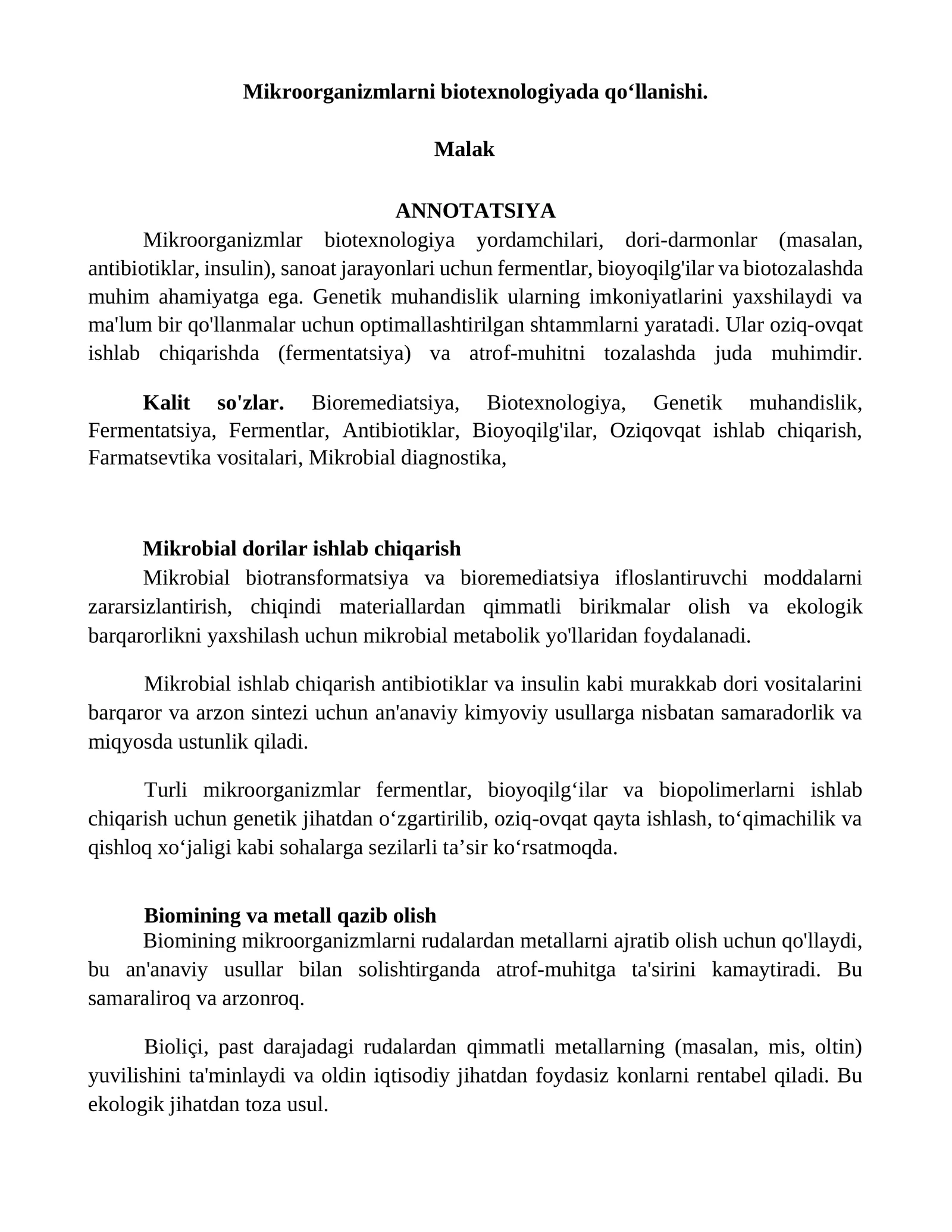 Mikroorganizmlarni biotexnologiyada qoʻllanishi