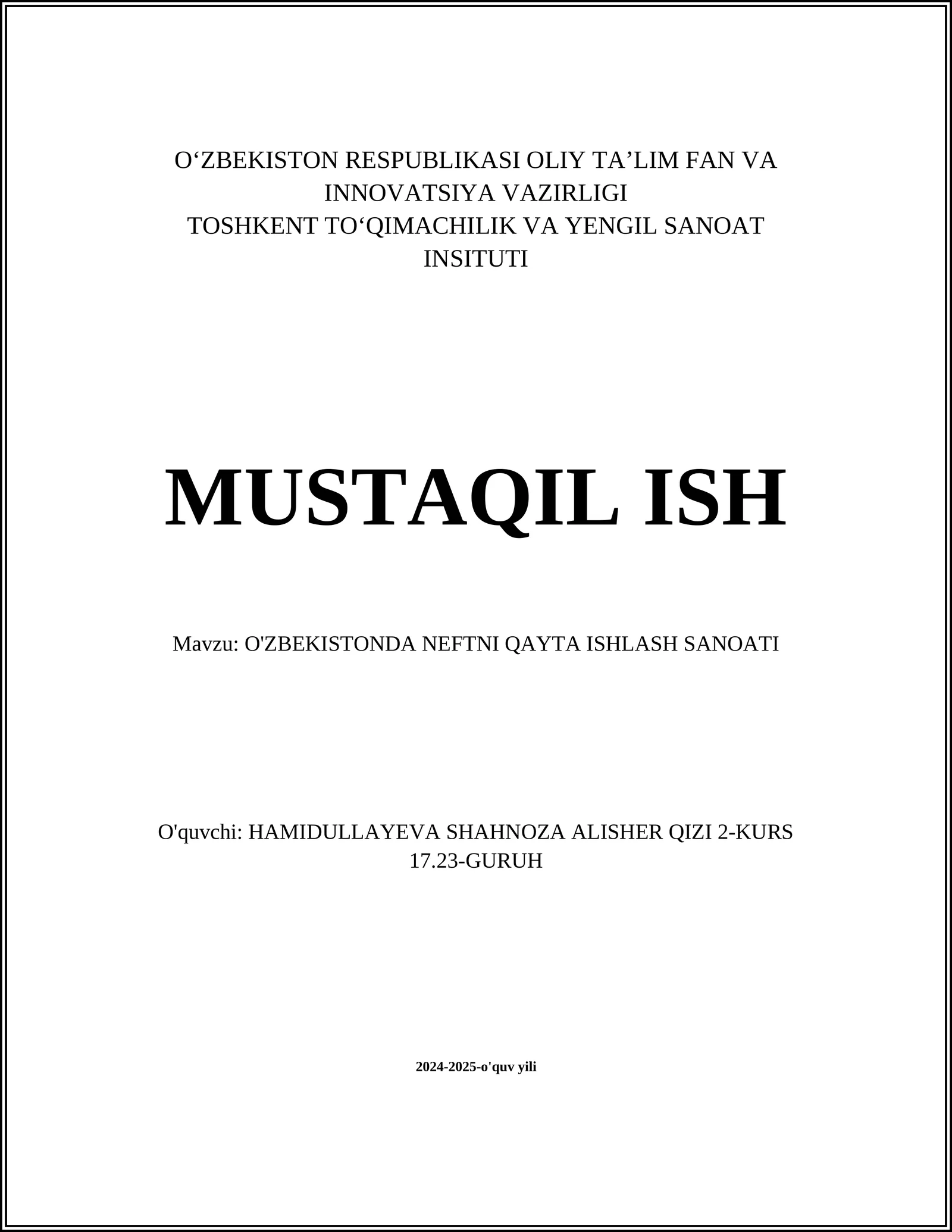O'ZBEKISTONDA NEFTNI QAYTA ISHLASH SANOATI