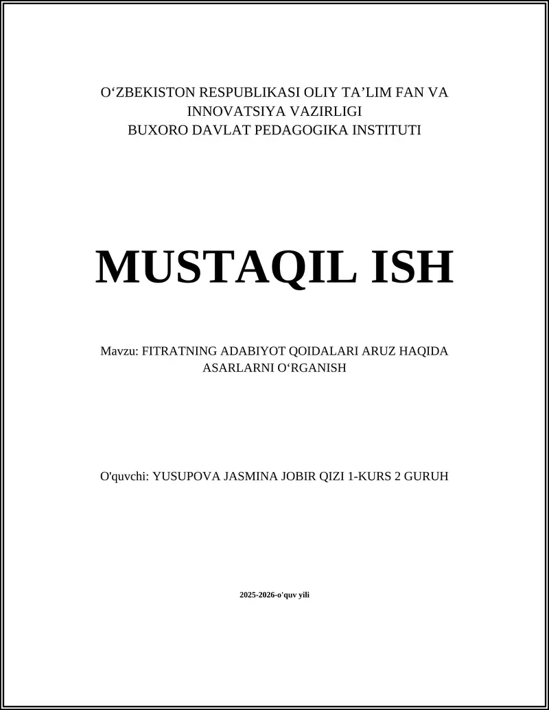 FITRATNING ADABIYOT QOIDALARI ARUZ HAQIDA ASARLARNI OʻRGANISH