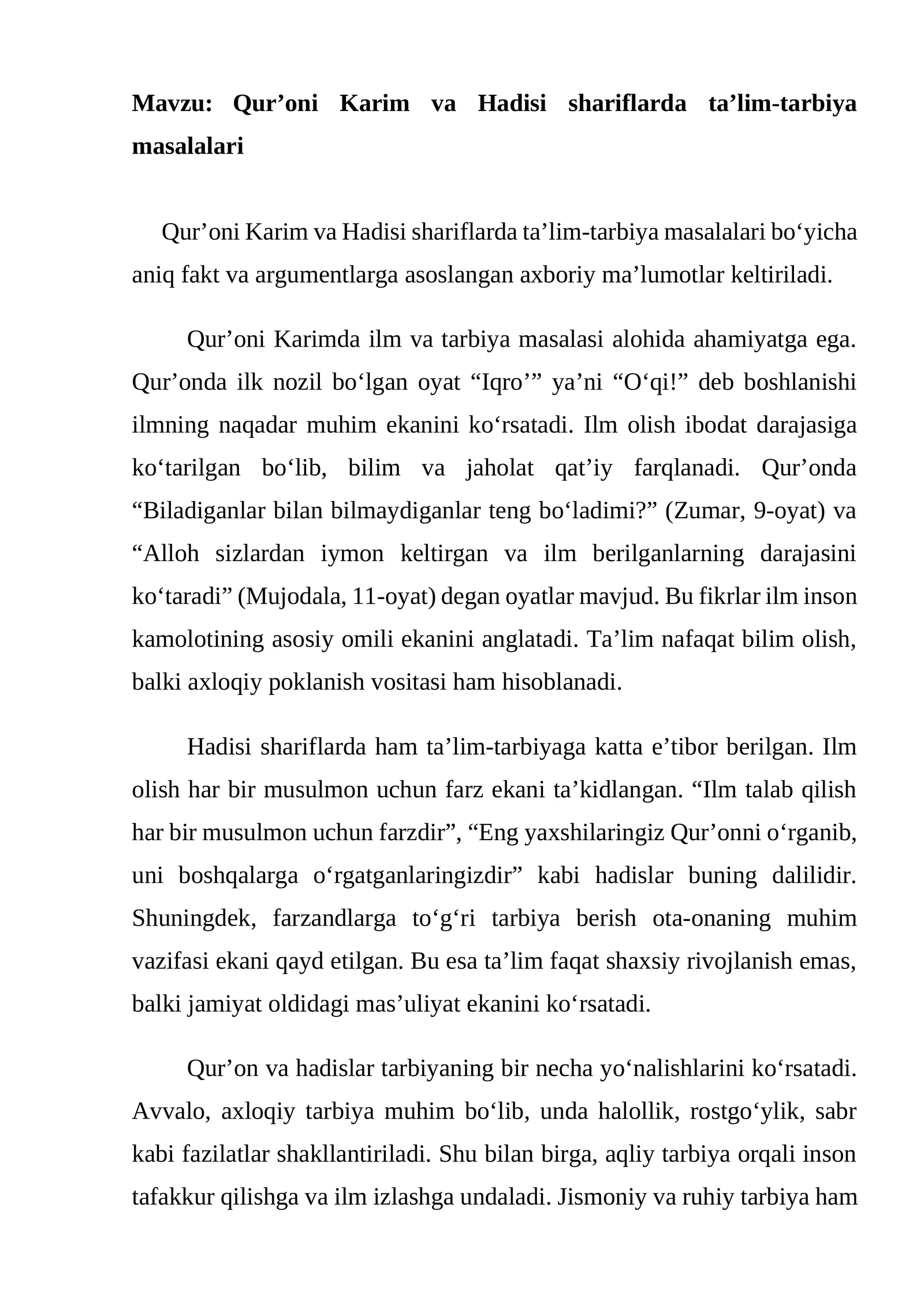 Qur’oni Karim va Hadisi shariflarda ta’lim-tarbiya masalalari