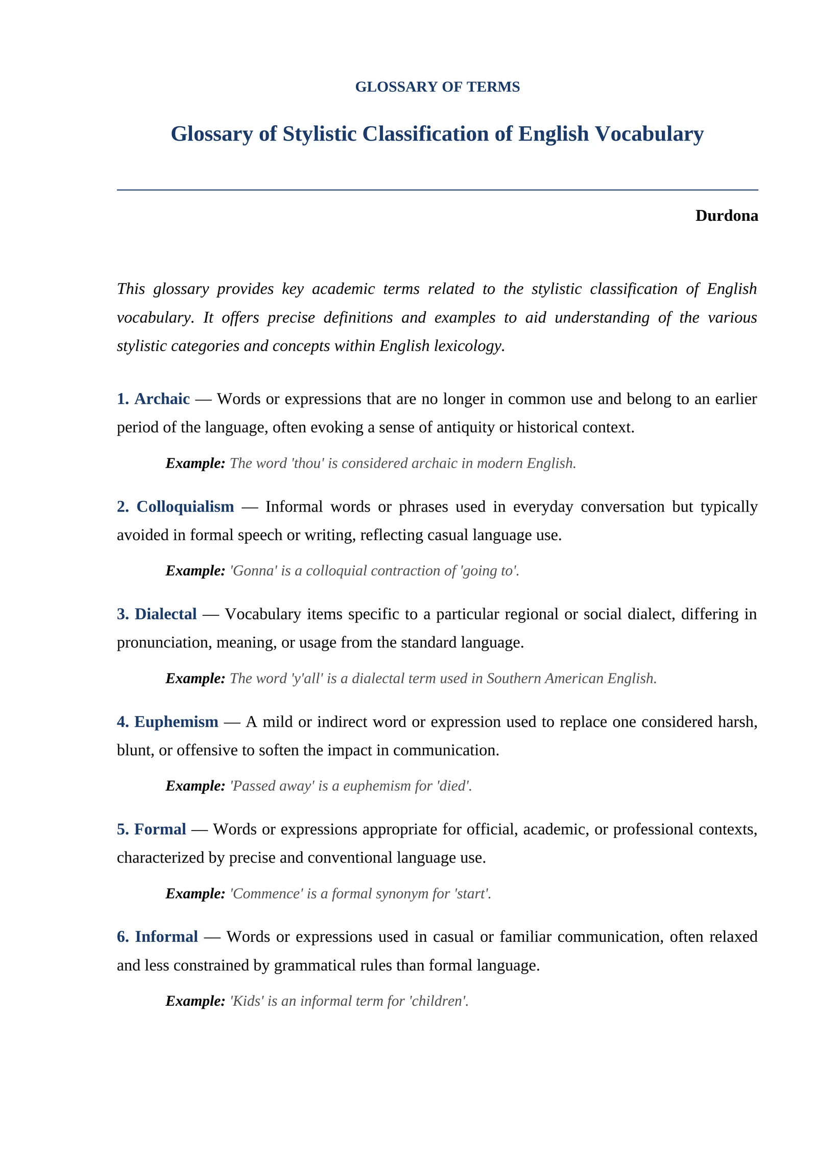 Glossary of Stylistic Classification of English Vocabulary
