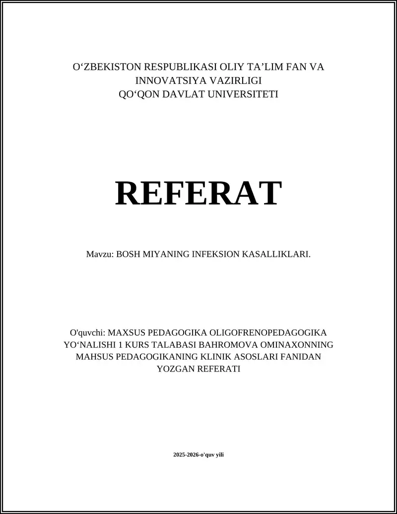 Bosh Miyaning Infeksion Kasalliklari Referat