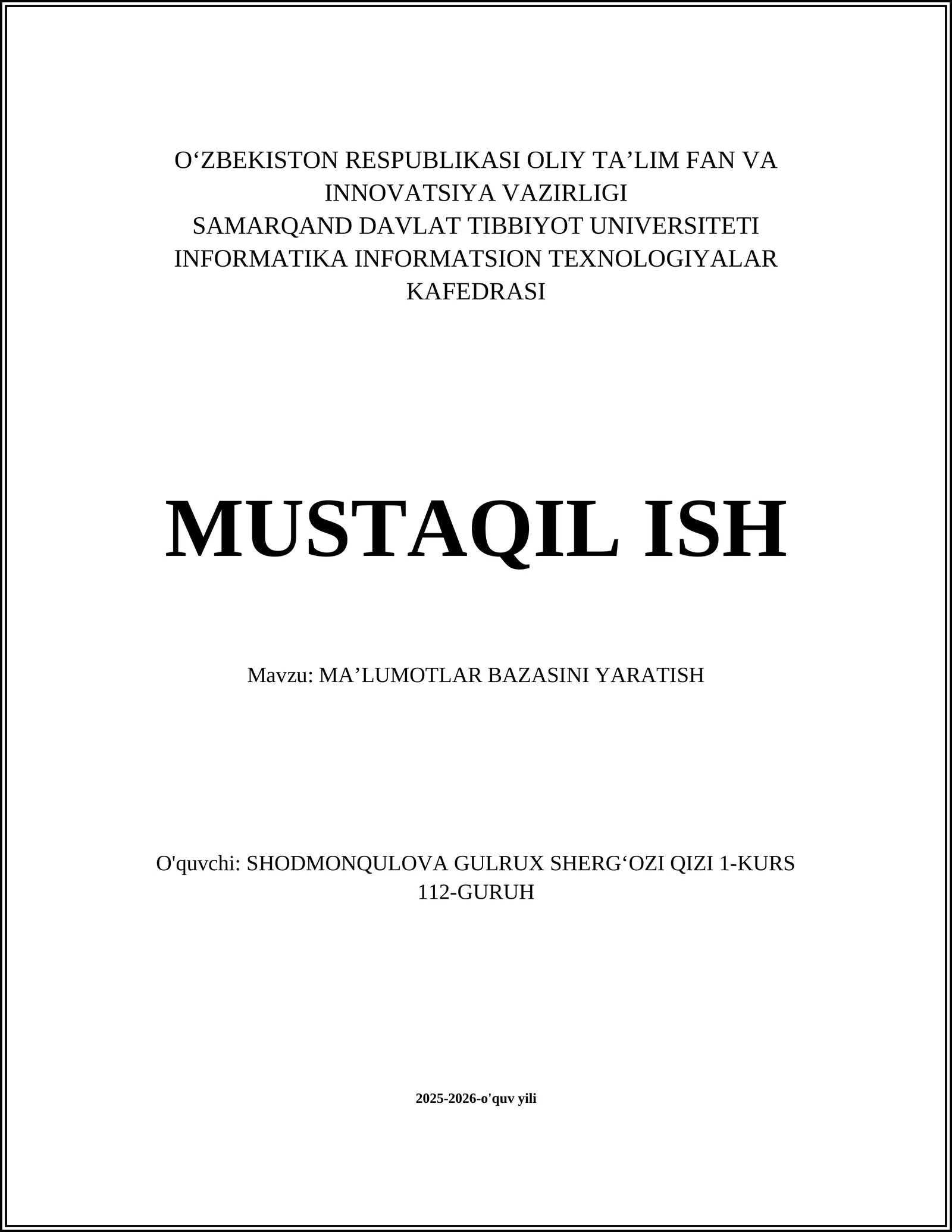 MAʼLUMOTLAR BAZASINI YARATISH