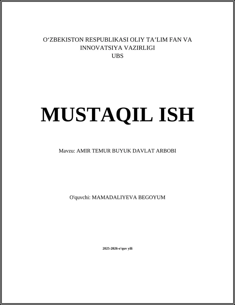 AMIR TEMUR BUYUK DAVLAT ARBOBI