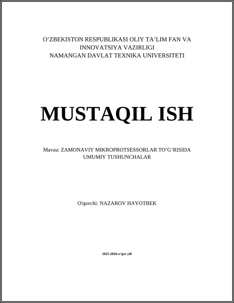 ZAMONAVIY MIKROPROTSESSORLAR TOʻGʻRISIDA UMUMIY TUSHUNCHALAR