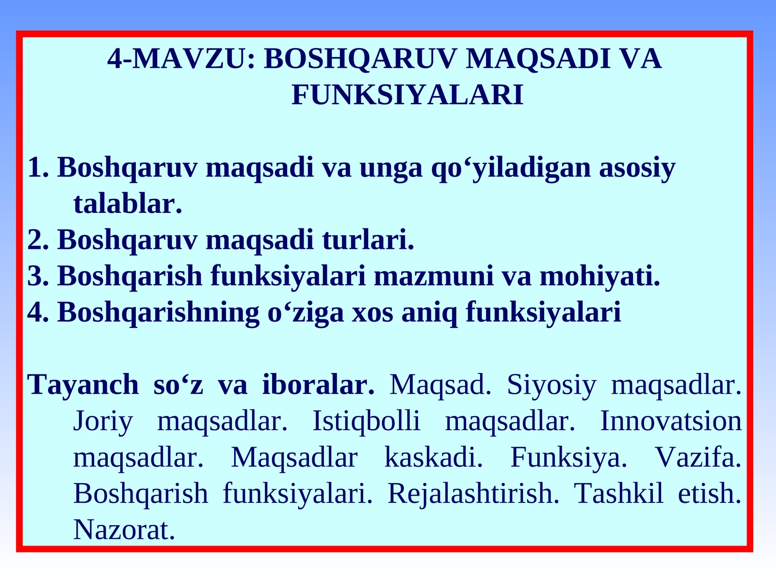 Boshqaruv Maqsadi va Funksiyalari
