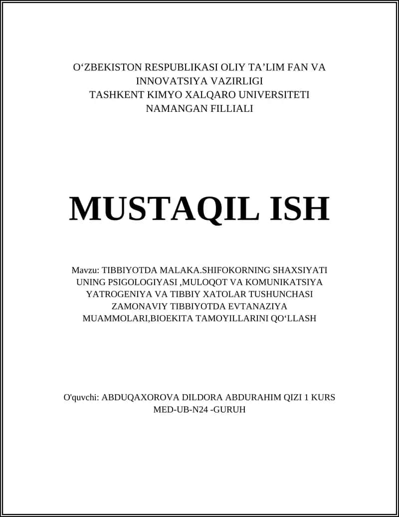 TIBBIYOTDA MALAKA.SHIFOKORNING SHAXSIYATI
