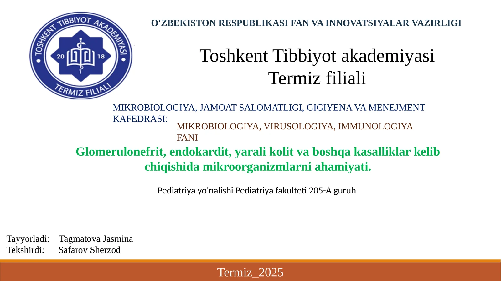 MIKROBIOLOGIYA, JAMOAT SALOMATLIGI, GIGIYENA VA MENEJMENT KAFEDRASI