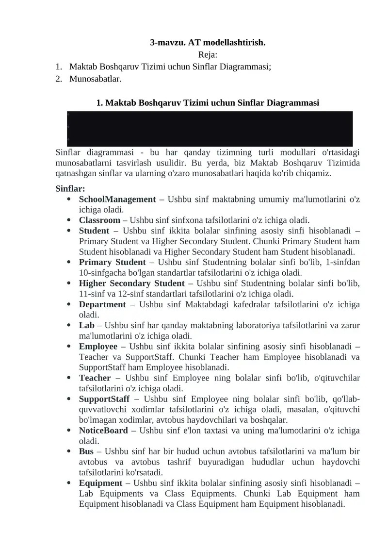 Maktab Boshqaruv Tizimi uchun Sinflar Diagrammasi
