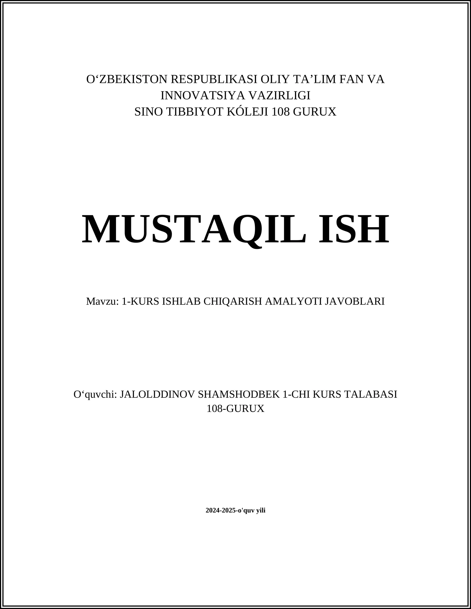 KURS ISHLAB CHIQARISH AMALYOTI JAVOBLARI