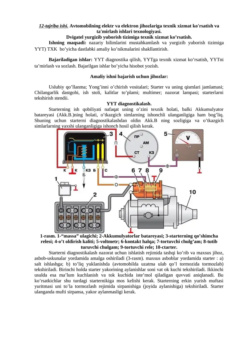 12-tajriba ishi. Avtomobilning elektr va elektron jihozlariga texnik xizmat ko'rsatish va ta'mirlash ishlari texnologiyasi